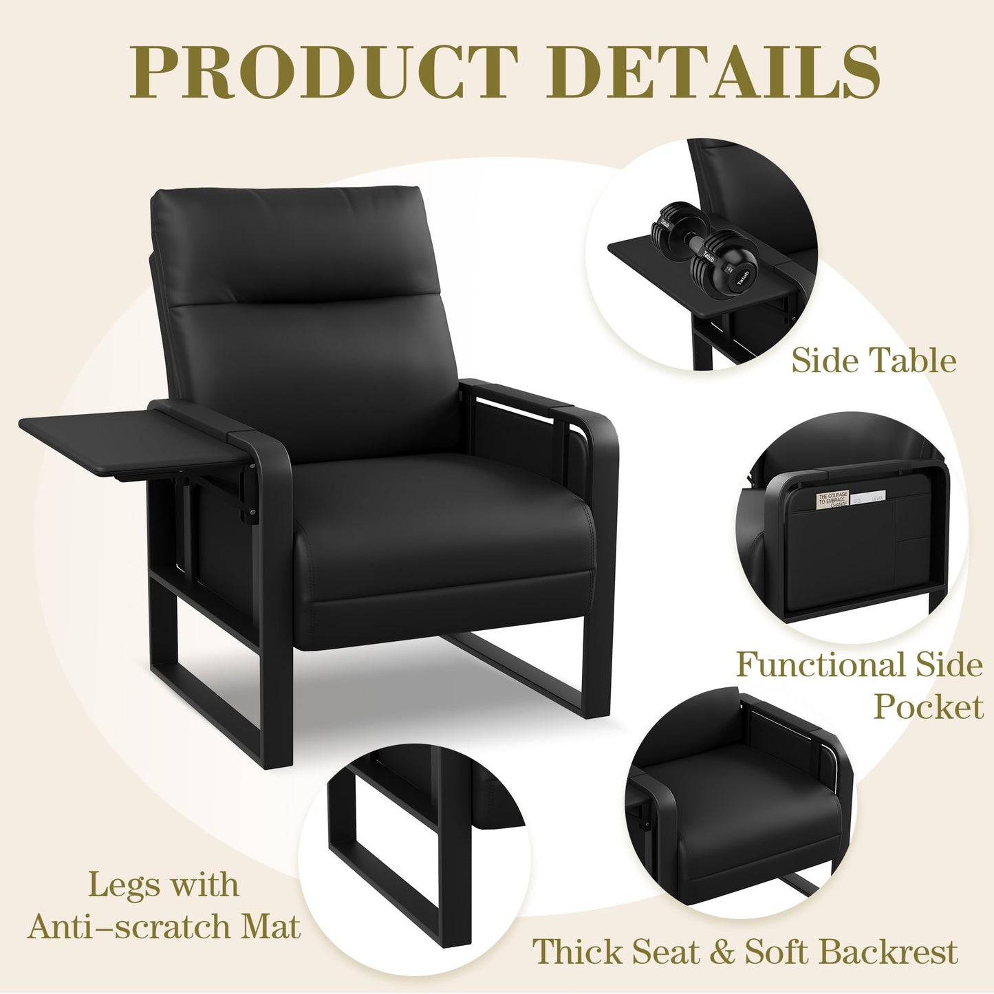 Apeaka Modern Black Accent Chair PU Leather Upholstered Armchair with Foldable Side Table for Bedroom Living Room Chairs Office Chair