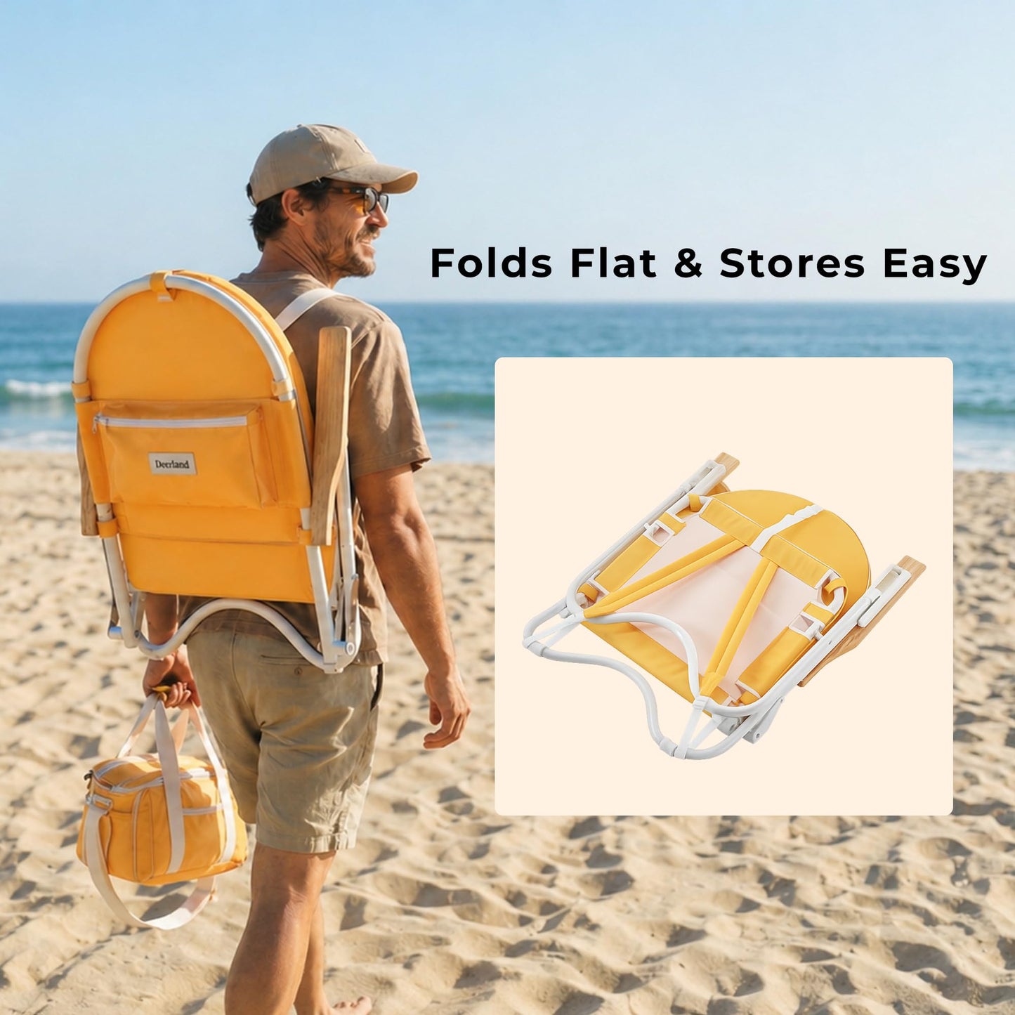 DEER LAND Padded Low Beach Chair, 4-Position Folding Outdoor Chair with Wooden Armrests, Cushioned Seat, Storage Pouch & Carry Strap for Beach, Patio and Lawn, Harbour Mimosa