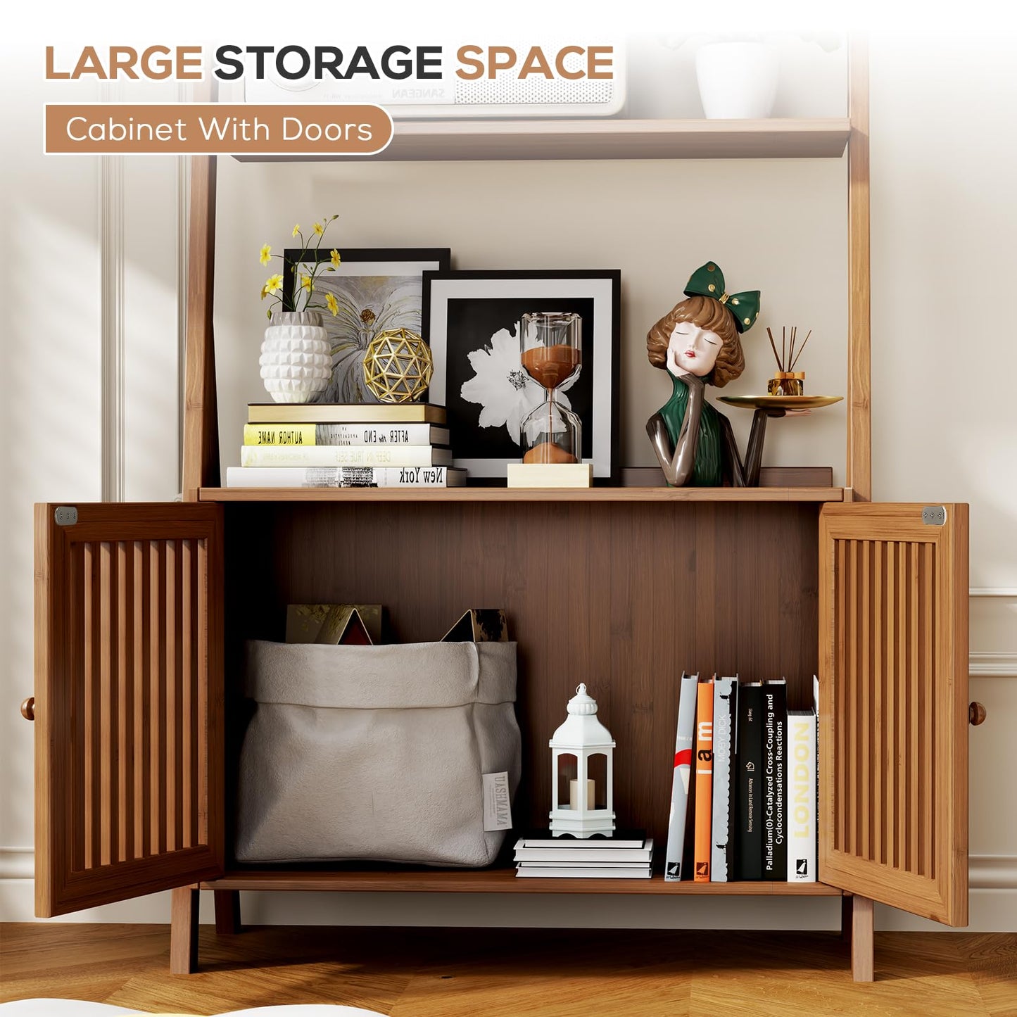 Bookcase with Drawers, 4-Tier Bamboo Bookshelf Ladder Shelf with 6 Hooks, Tall Narrow Retro Book Shelf, 24.8"L x 10.6"W x 59.5"H, Standing Storage Organizer for Living Room, Office, Bedroom, Walnut