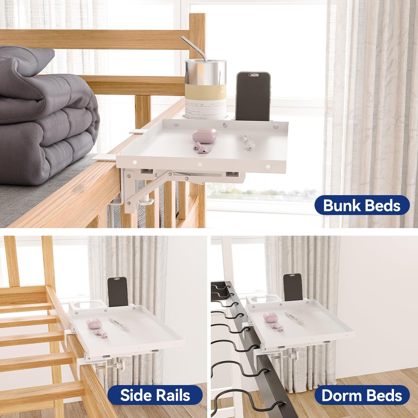 AmzAge Metal Bedside Shelf Table Tray with Cup Holder, Foldable Bed Side Table for Bunk Bed & Top Bunk, College Dorm Room Essentials for Guys & Girls, Clip-on Laptop Nightstand for IKEA Beds, White