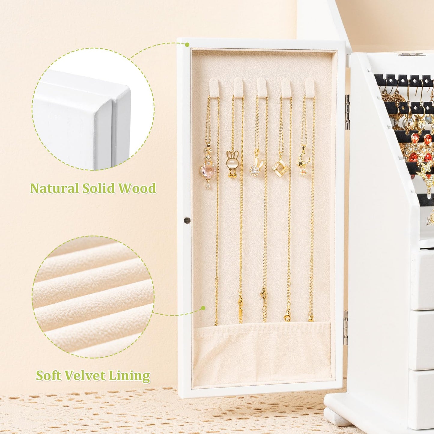 Srillollar Jewelry Box Organizer, Rustic Wooden Jewelry Boxes for Women Girls, Large Storage Earring Holder Organizer Display for Earrings Necklaces Rings Bracelets (White)