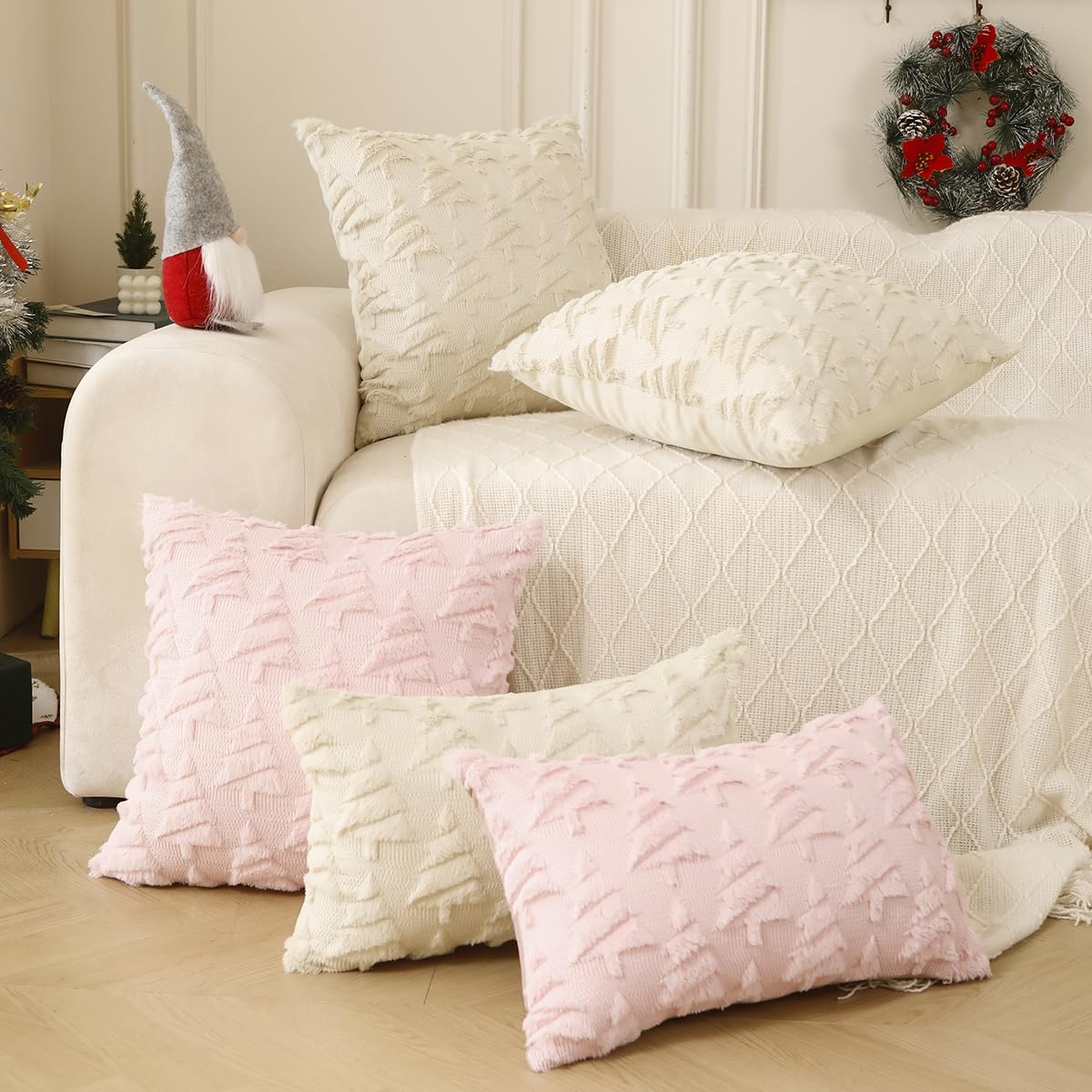All Smiles Christmas Decorative Pillow Covers 18x18 Set of 2, Xmas Navidad Ornaments Soft Plush Faux Fur,Decorations Winter Holiday Couch Cases Home Decor for Sofa Livingroom Bed,Red