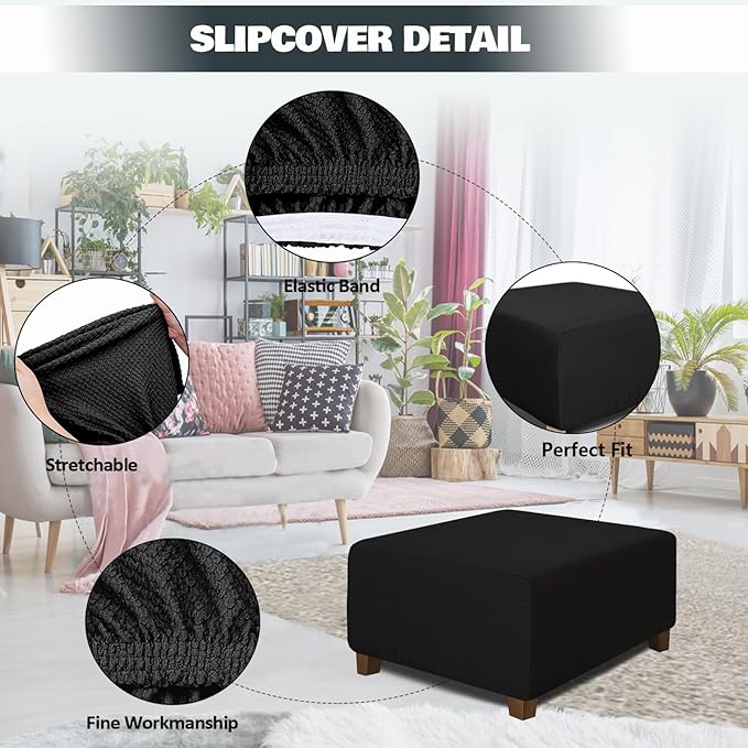 NeColorLife Square Ottoman Cover Jacquard Fabric Thick Stretchable Slipcover