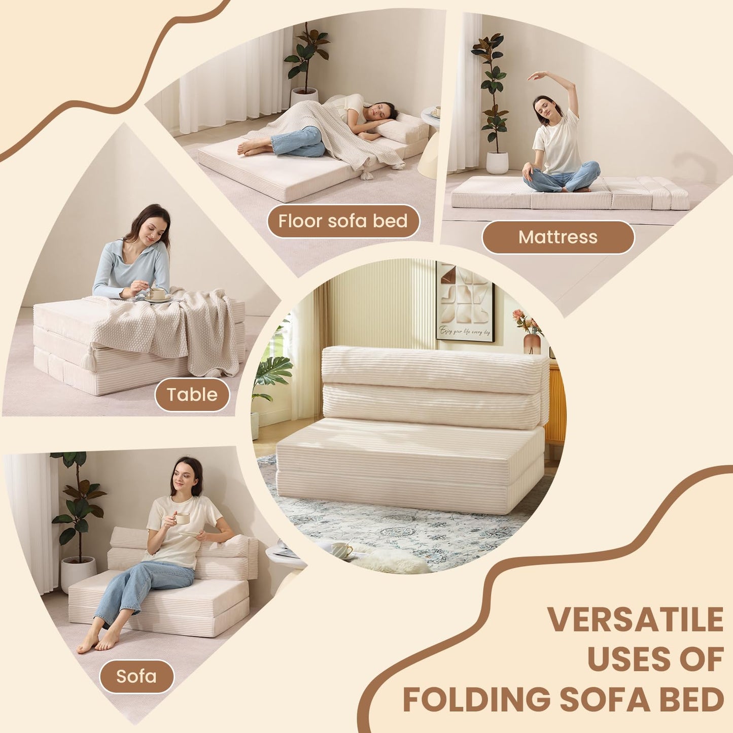 JUIKURY Folding Sofa Bed, Convertible Sleeper Chair with Pilow Foldable Matress, 2 in 1 Pull Out Loveseat Sofa Portable Fold Out Chair Bed Floor Couch Lounge for Living Room Bedroom (Beige, Full)