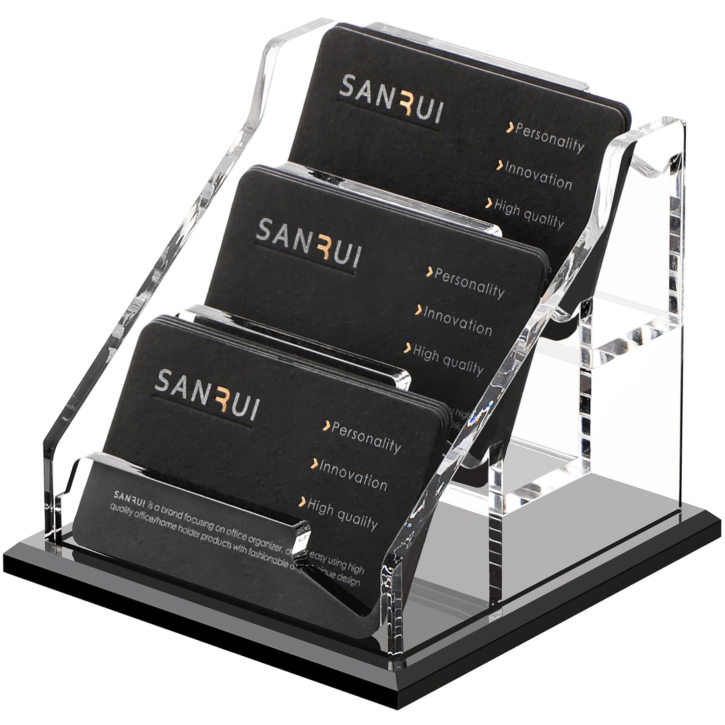 SANRUI Clear Acrylic Business Card Holder, 3-Slot Desktop Business Card Display Stand with Stable Widened Black Base, Desk Accessories Workspace Organizer for Office Reception Trade Show