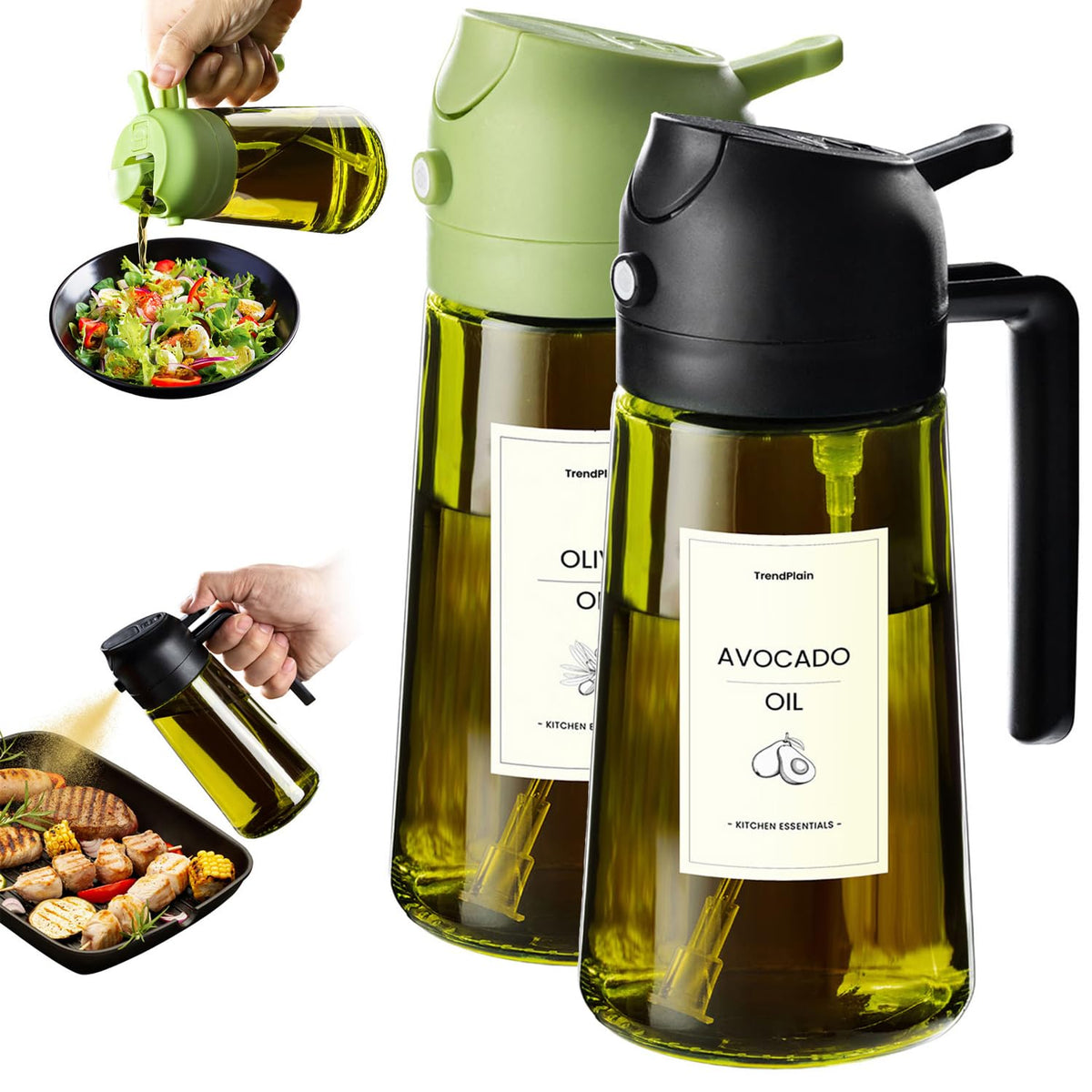 TrendPlain - Original 16oz/470ml Olive Oil Dispenser Bottle for Kitchen Gadgets and Air Fryer Accessories - Olive Oil Sprayer for Cooking w/Stickers - Black&Green