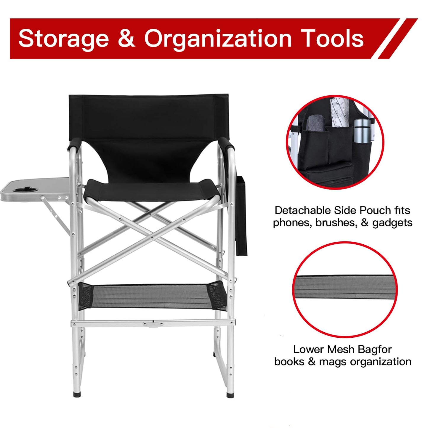ZIXNEXKOO Tall Makeup Chair 41'', Director Chair 600 lbs Foldable Portable, Makeup Chair for Makeup Artist with Table, Cup Holder, Storage Bag & Footrest