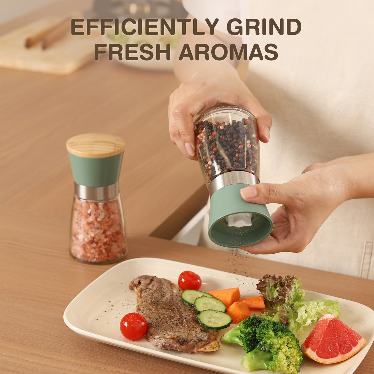 VUCCHINI Salt and Pepper Grinder Set Bamboo Lid- Adjustable Coarse Salt and Pepper Mills - Refillable Ceramic Burr Kitchen Gift Manual Spice Grinder Green