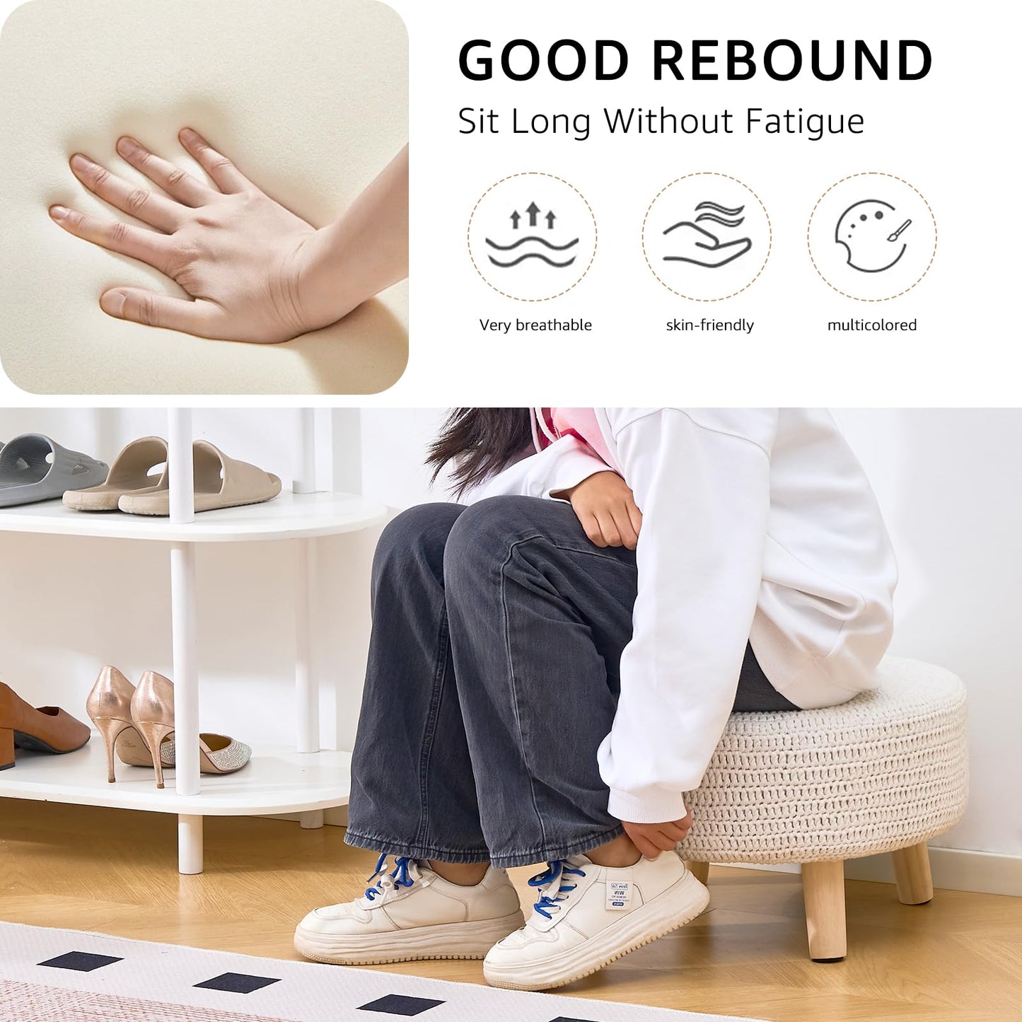 Wimarsbon Pouf Ottoman, 100% Cotton Knitted Boho Footstool, Round Footrest with Non-Skid Wood Legs, Home Décor Handmade Pouffe, Leisure Floor Step Stool for Living Room (20" White)