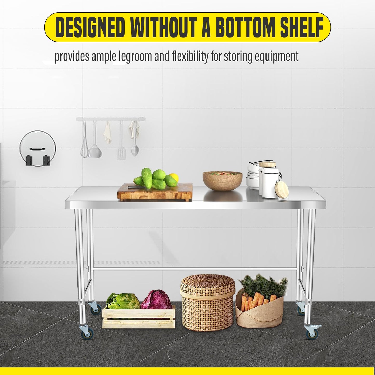 GarveeTech Stainless Steel Table Without Bottom Shelf 36x24 in with Wheels, Commercial Home Kitchen Prep Work Table with Open Base