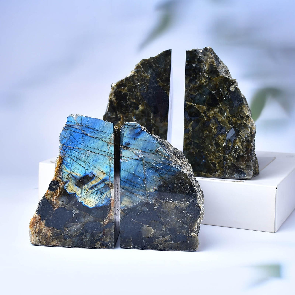 Blue Labradorite Bookends Heavy Duty Healing Crystal Stone Book Holders Decorative Book Ends Office Home Decor Small 1 Pair 2-3 Lbs