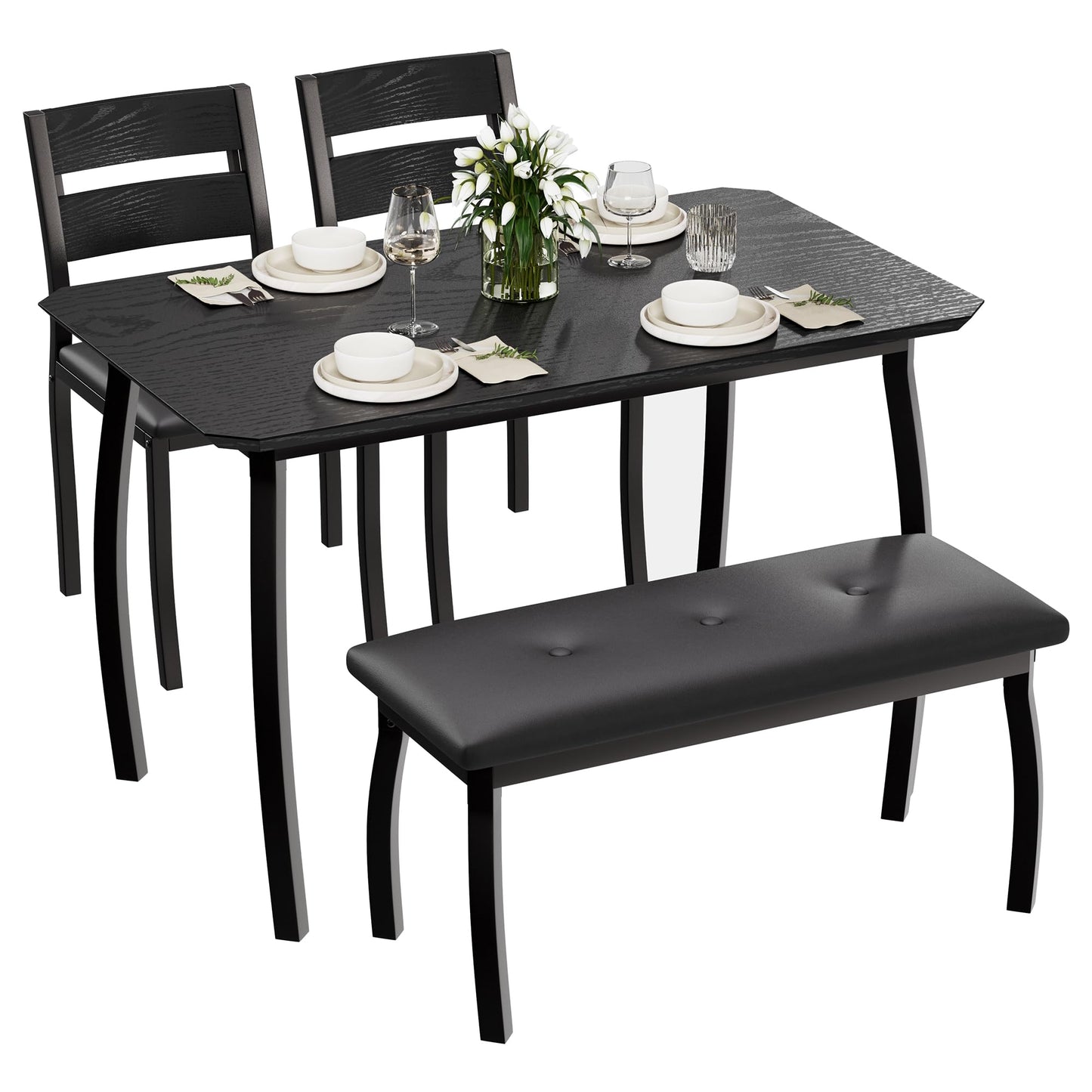 IDEALHOUSE 43'' Dining Table Set for 4, Wooden Kitchen Table with Upholstered Bench & 2 Cushion Chairs, Industrial Dinette Set for Studio, Kitchen, Dining Room, Apartment, Black