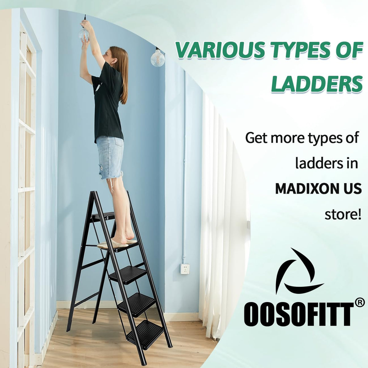 OOSOFITT 5-Step Folding Ladder, Heavy Duty Ladders for Home & Kitchen, Folding Ladder Easy to Store, Tall Ladder for Adults, Anti-Slip & Space-Saving Step Ladder, 330 Lbs Capacity