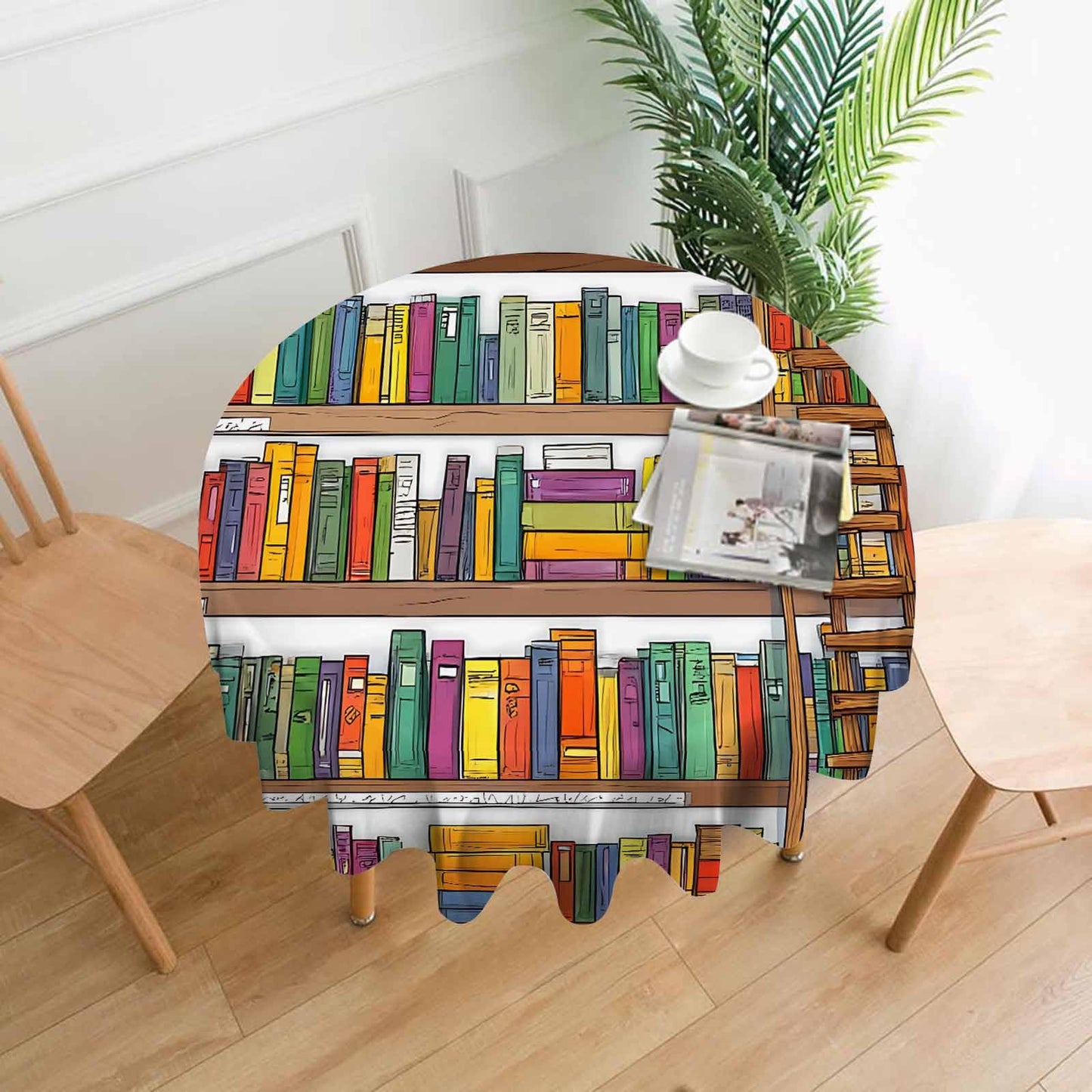 AnBuPan Bookshelf with So Many Books Round Tablecloths 60 Inch Library Bookshelves Books and Ladder Clear Table Cover Protector Fitted Home Kitchen Dinner Outdoor Picnic Party Decorations