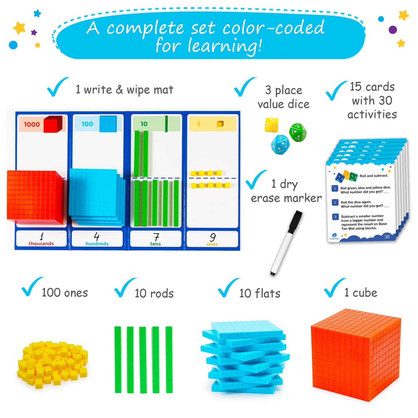 Simply magic 140+1 PCS Colorful Base Ten Blocks & Activities Set & 131 PCS Base Ten Blocks for Math