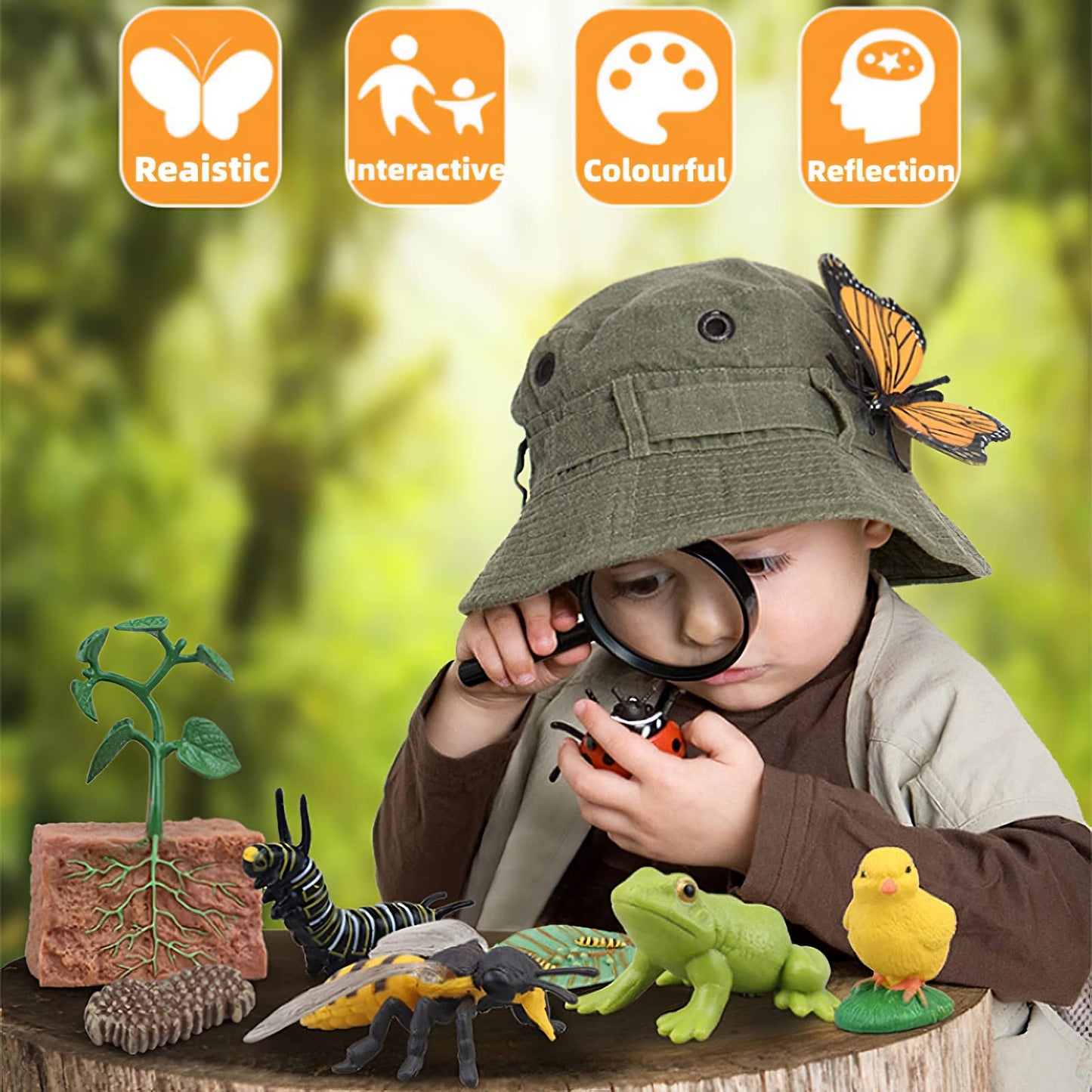 MIKNEKE Montessori Bee Life Cycle with Flash Cards, Realistic Animal Figurines Toy, Animal Educational Matching Game for 3+ Year Old Toddlers Kids (Bee)