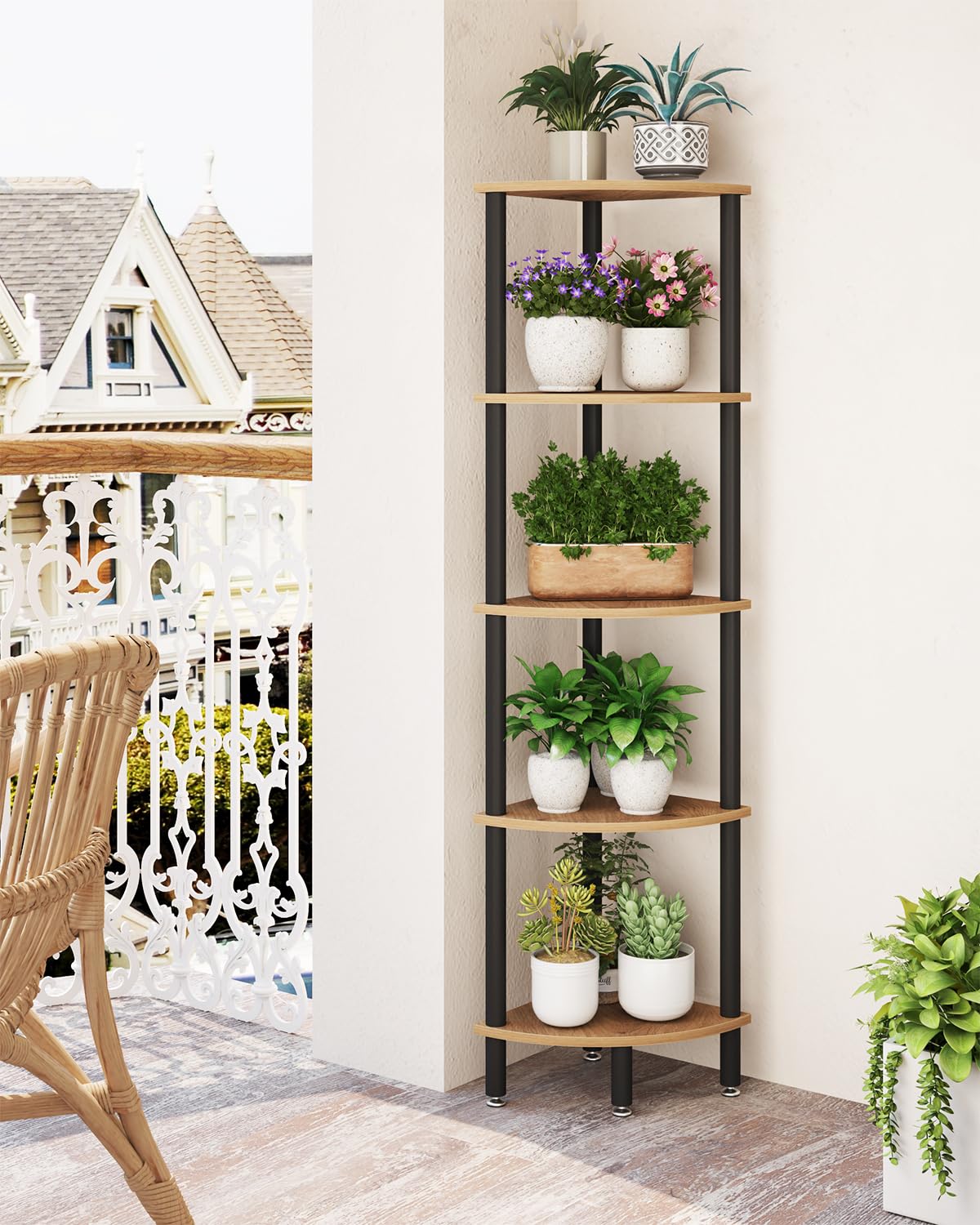 IBUYKE 5 Tier Corner Shelf Stand,Industrial Corner Display Rack,Corner Bookshelf for Living Room, Bedroom, Kitchen, Home Office, Oak WBC010K