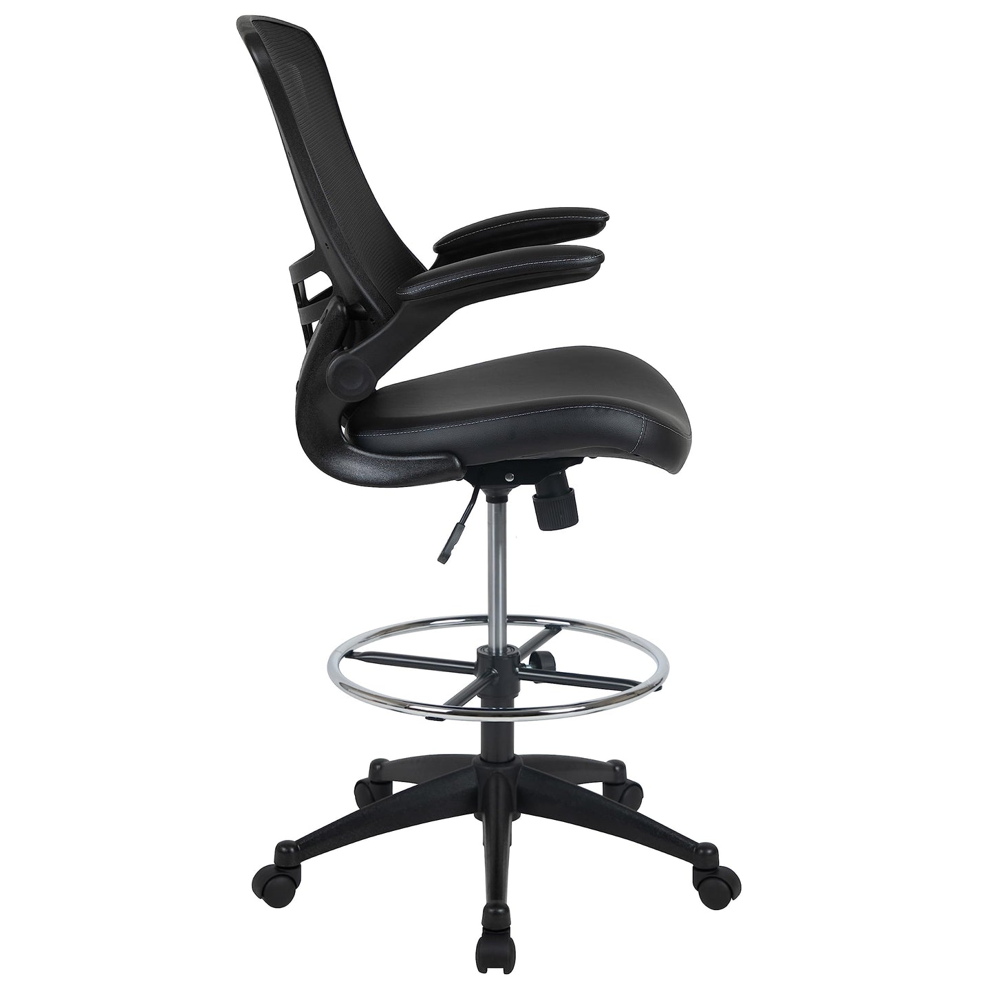 Flash Furniture Kelista Mid-Back Swivel Office Chair with Adjustable LeatherSoft Seat Height, Ergonomic Mesh Chair with Flip-Up Arms, Black