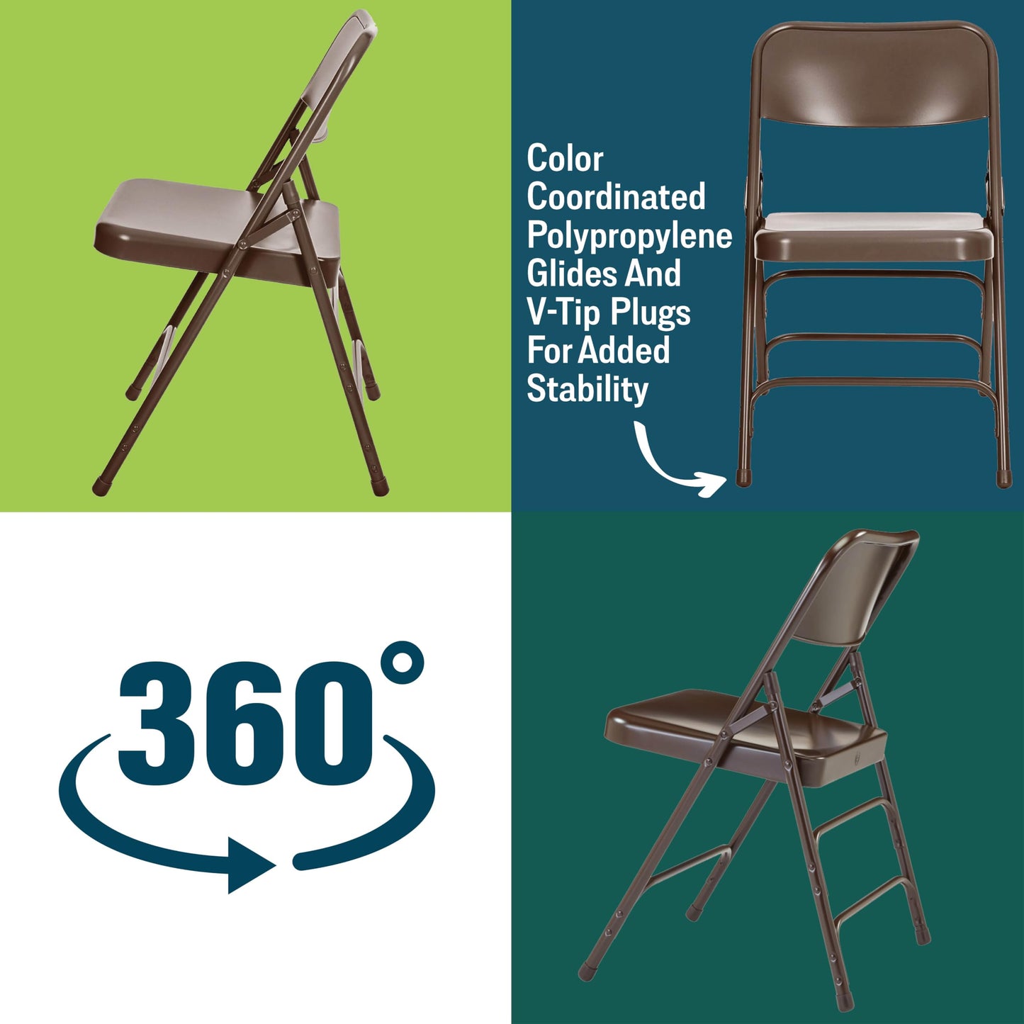 Steel Portable Folding Chairs by National Public Seating – 300 Series Premium Heavy-Duty Foldable Chairs for Indoor & Outdoor, Set of 4 – Comfortable, Durable, Institutional-Grade, Brown