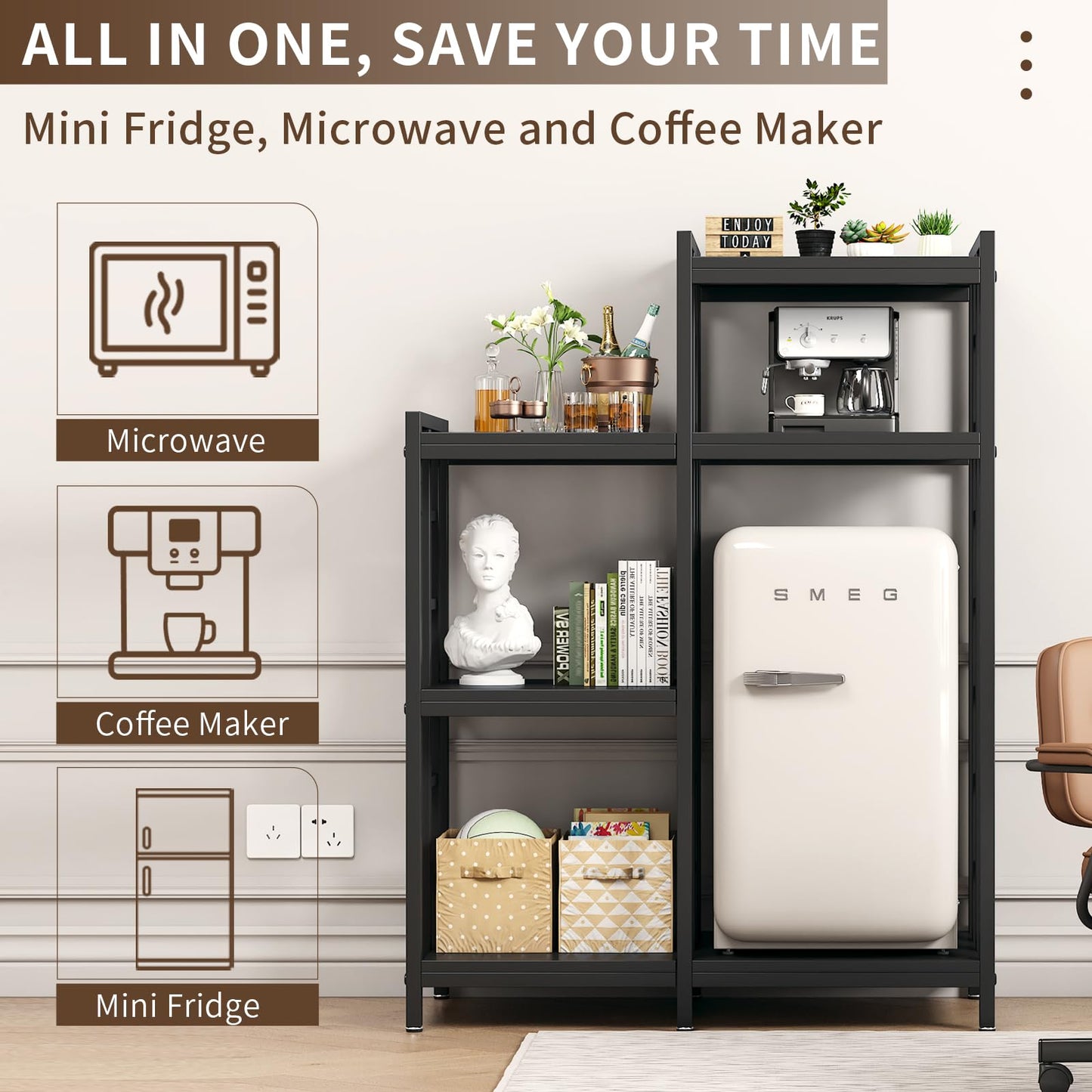 YCHF 6-Tier Kitchen Bakers Rack,Mini Fridge Shelf with Storage, Mini Fridge&Microwave Oven Stand Table,Coffee Bar,Adjustable Kitchen Shelves Freestadning for Home Office (Black Wood Grain)