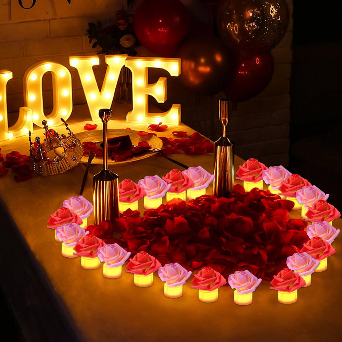 YBB 24 Pack Artificial Rose Tea Light, Valentine's Day Rose Petals Flameless LED Candle Lights for Romantic Night Anniversary Wedding Party Decor