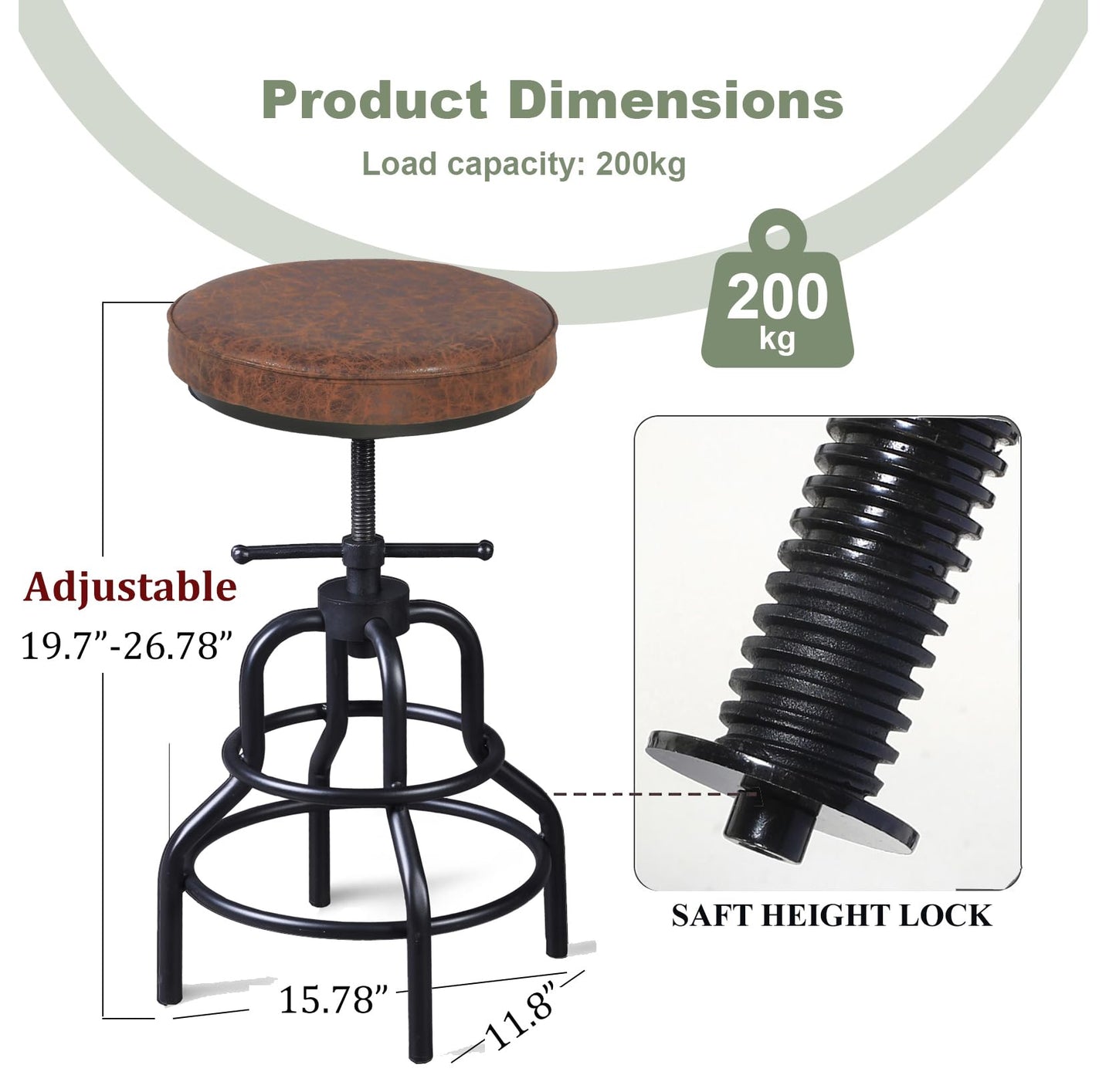 LOKKHAN Industrial Bar Stools-Swivel Leather Metal Bar Stool-20-27 Inch Tall Counter Height-Adjustable Kitchen Stool Dining Chair Cafe Stools (Set of 2)
