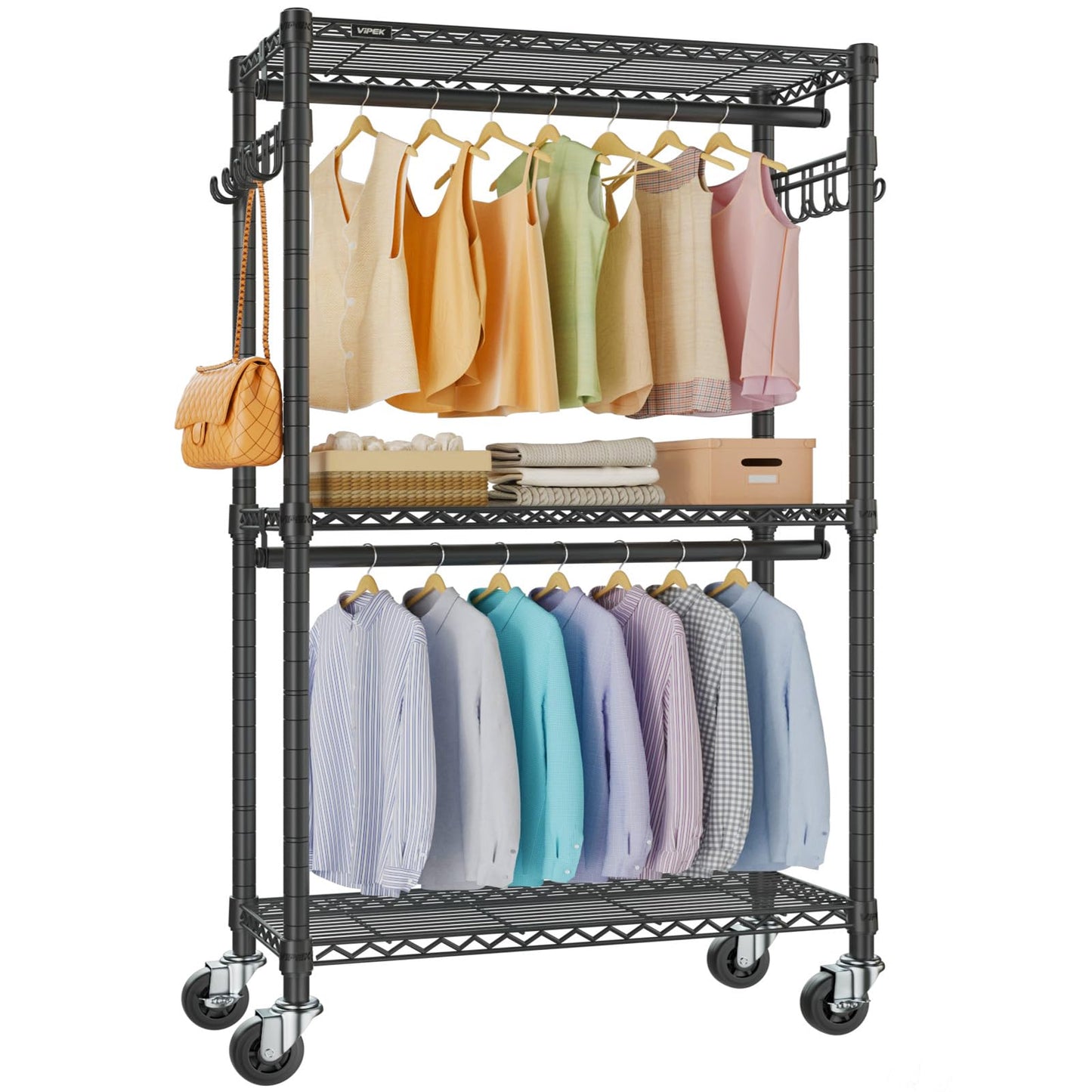 VIPEK R2 Medium Rolling Clothes Rack Heavy Duty Clothing Rack for Hanging Clothes Adjustable Metal Wire Shelving Portable Closet with Wheels Side Hooks, Freestanding Closet Wardrobe, Black