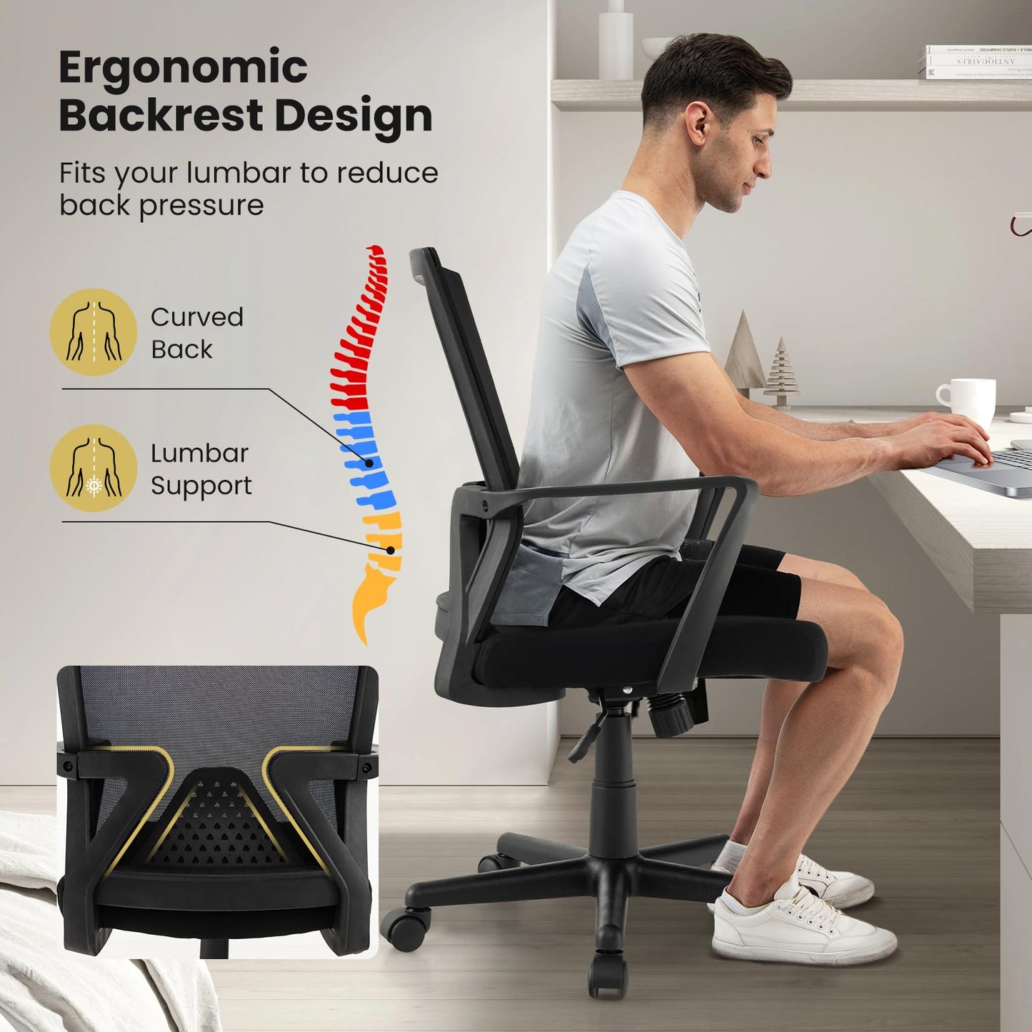 Giantex Office Desk Chair with Lumbar Support, Ergonomic Mesh Office Chair with Wheels and Armrests, Mid Back Rolling Swivel Adjustable Task Chair, Executive Computer Chair for Home Office, Black