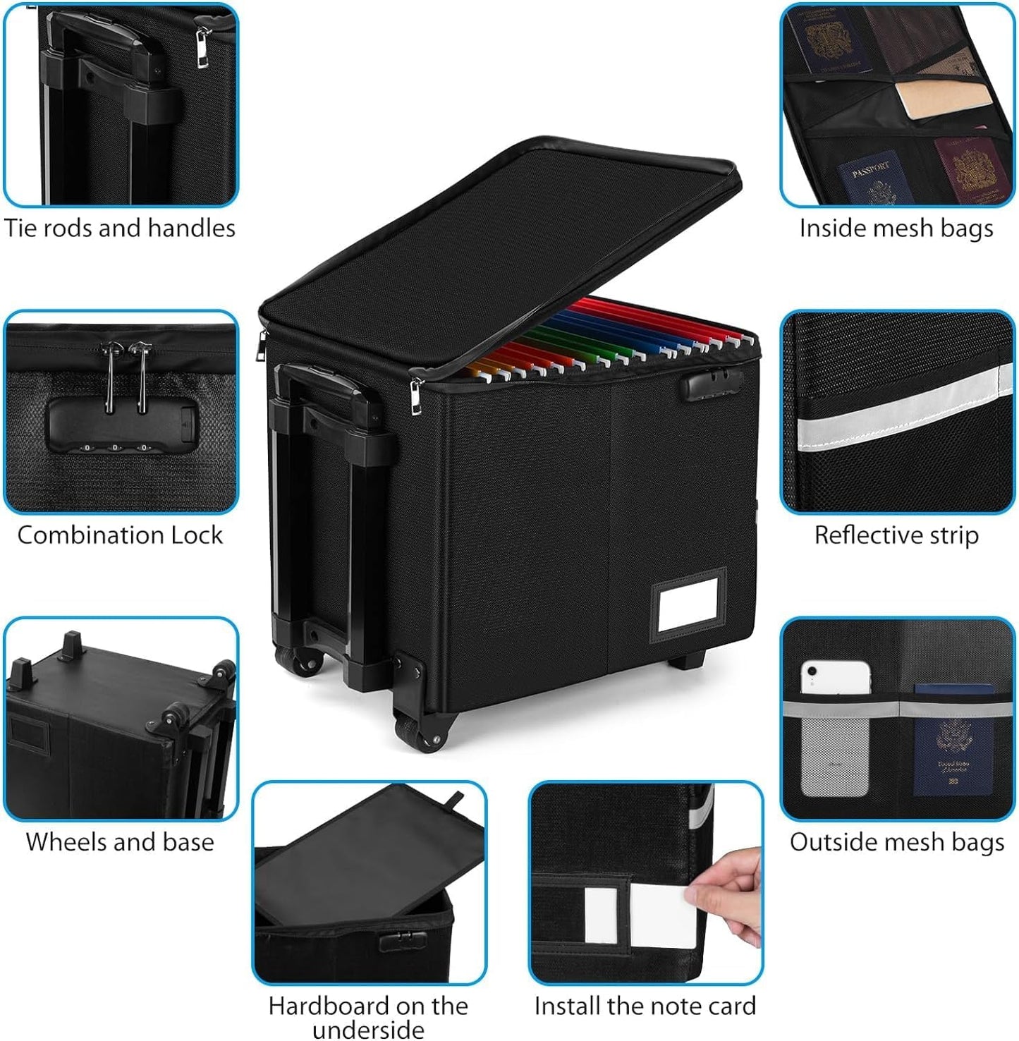 TOMKID Fireproof File Box with Wheels and Telescopic Handle, Foldable Utility Cart Folding Portable Rolling Crate, Fireproof Document Organizer File Cabinet for Travel Office Use