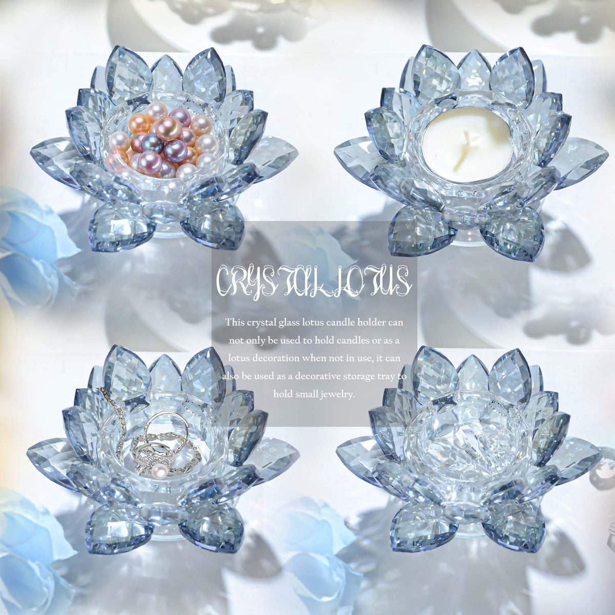 Kolnlala Crystal Lotus Flower Tealight Candle Holders/Glass Tea Light Candlestick Decor Decoration for Christmas Home Wedding Party… (Blue 1pc)