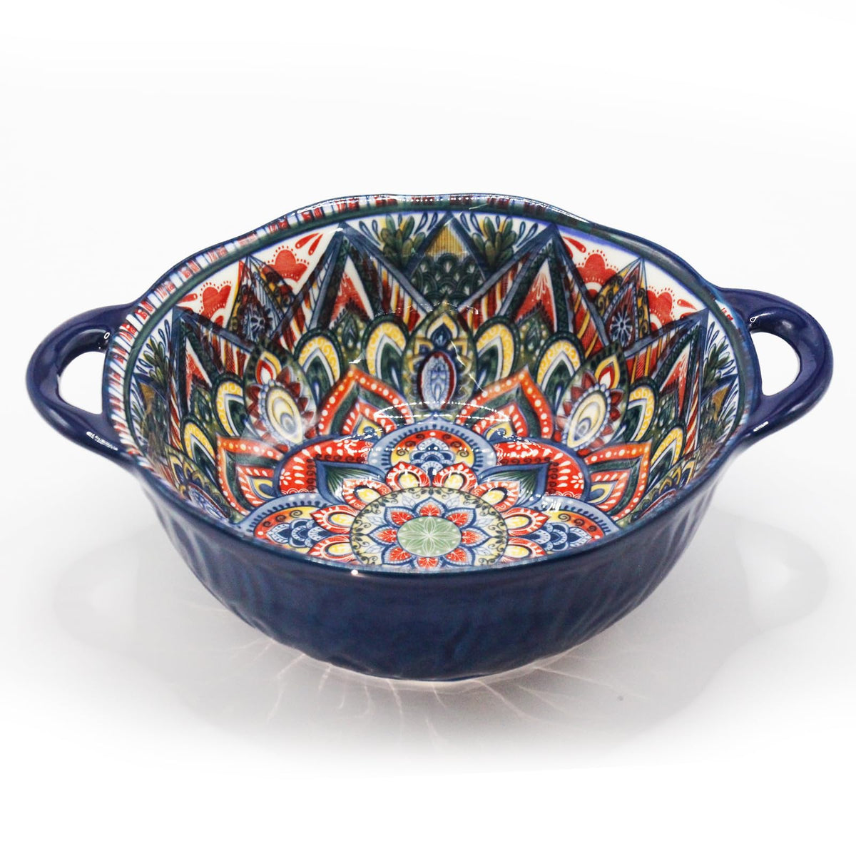 Ronanemon Bohemia Large Bowls with Handle, 40 oz Ceramic Soup Bowl for Salad, Pasta, Cereal,Fruit, Udon, Microwave & Dishwasher Safe (Blue)