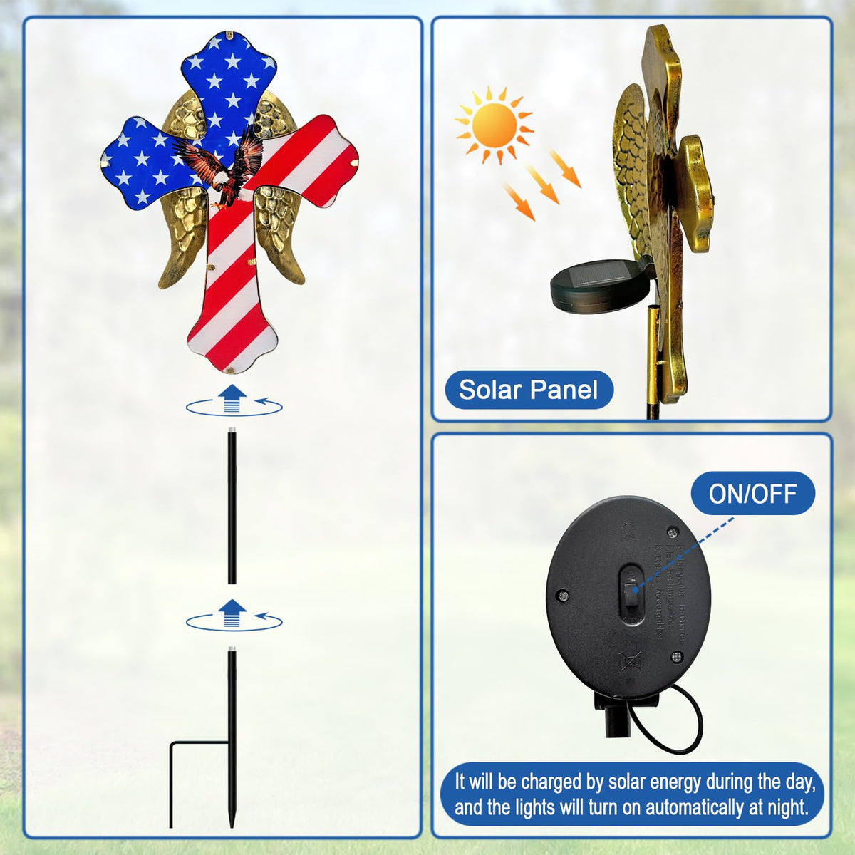 Hokfirm 4th of July Decorations Outdoor,Solar Cross for Cemetery Grave,Cemetery Decorations Yard Patio Decor,Patriotic Eagle Cross Solar Lights Outdoor Pathway,Lawn,National Day Remembrance Gifts