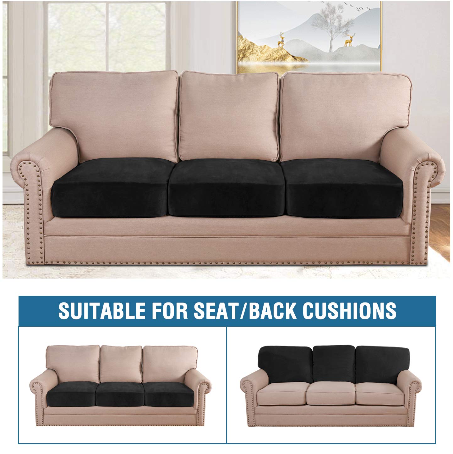 H.VERSAILTEX Velvet Stretch Couch Cushion Cover Plush Cushion Slipcover for Chair Loveseat Sofa Cushion Furniture Protector Seat Cushion Sofa Cover (3 Piece XL Sofa Cushion Covers, Black)