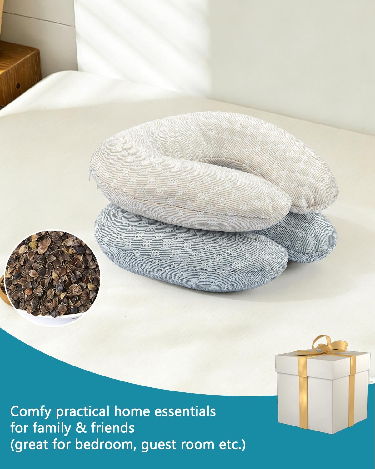 Edomi Buckwheat Neck Pillow with Dual-Layer Pillowcase, 12''x12'' Adjustable Firm U Shaped Pillows, Breathable for Cool Sleep, Neck Support Buckwheat Hulls Pillow for Back Sleeper (Khaki)