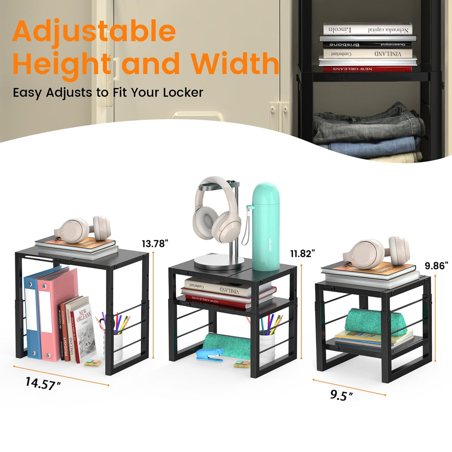 Locker Organizer Shelf School, Adjustable Width and Height, Stackable Metal Locker Storage Organization, Ideal Locker Fits Standard Size School, Office, and Gym Lockers, Black