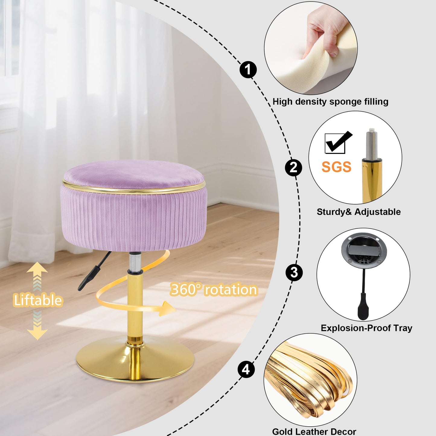 MRITWAII Adjustable Vanity Stool with Storage, 360° Swivel Makeup Stool Chair Small Velvet Round Ottoman with Gold Base for Bedroom (Purple)