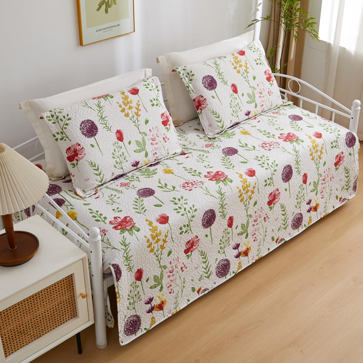 Jarson 3 Pcs Floral Daybed Cover Set Twin Size Purple White Dandelion Flower Sofa Cover Bedding Sets Double Side Bed Set for All Season Botanical Pattern Daybed Quilt Set with Pillow Shams