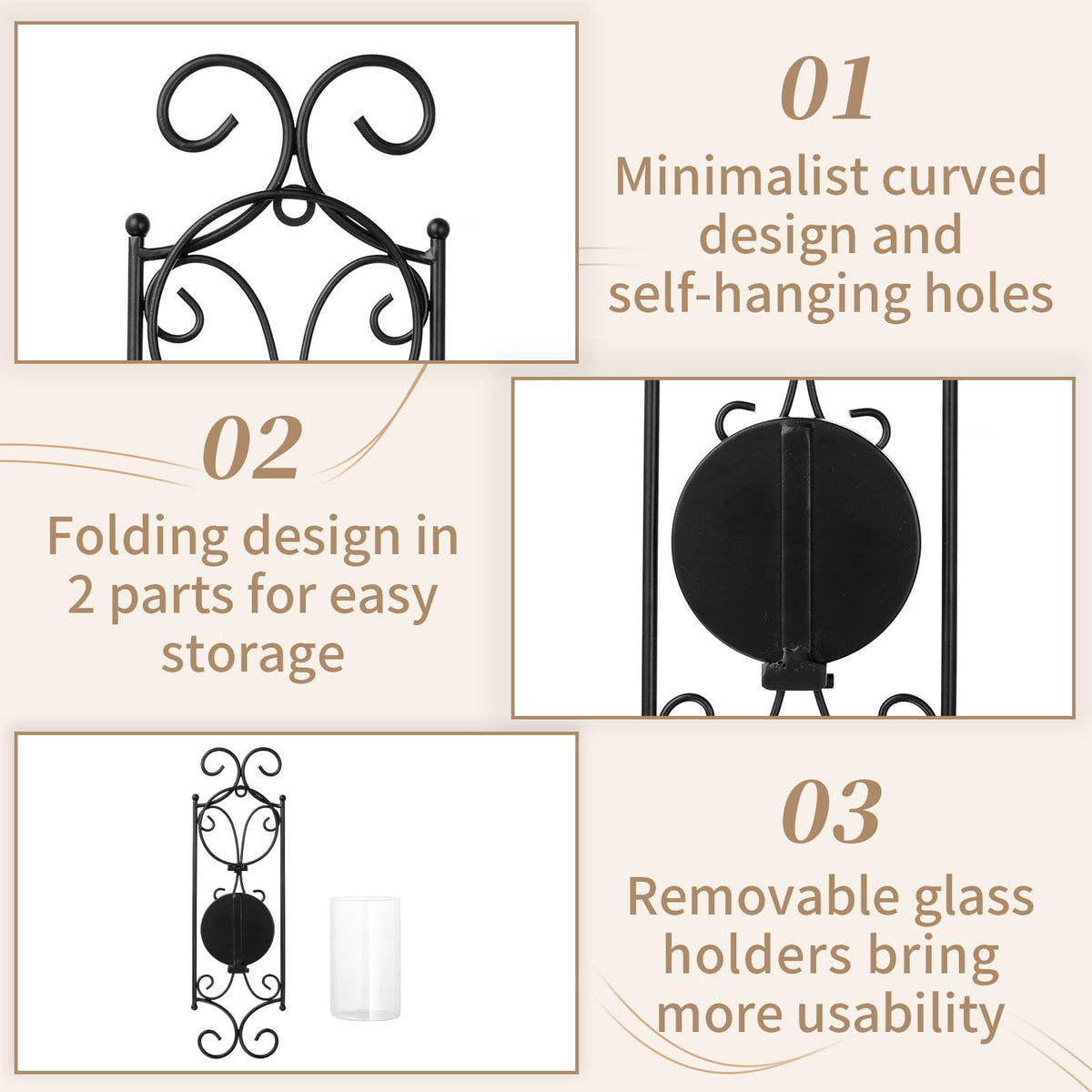 Sziqiqi Candle Sconces - Set of 2 Black Candle Holders for Pillar Contemporary Wall Decorations Sconce Decorative Metal Wall Art for Living Room Bedroom Bathroom Kitchen Dining Room
