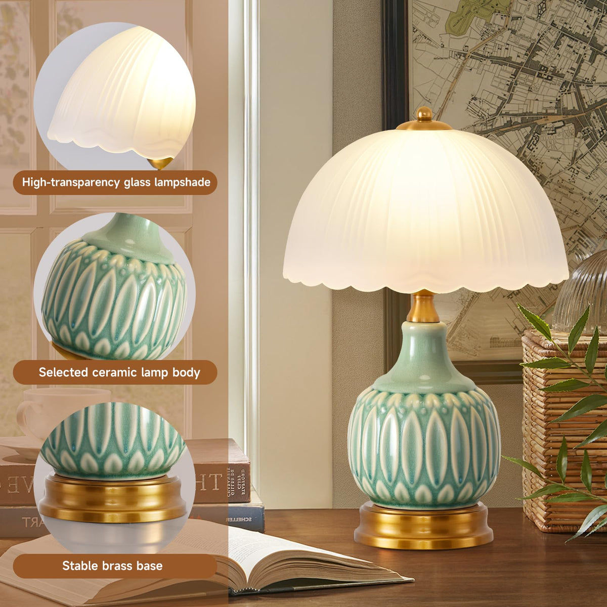 WELAISA Table Lamps Ceramic Retro Lamp for Living Room,15.7" Modern Bedside Nightstand Traditional Lamps, Classic Chinoiserie Green Glass Lamp for Home (Retro)