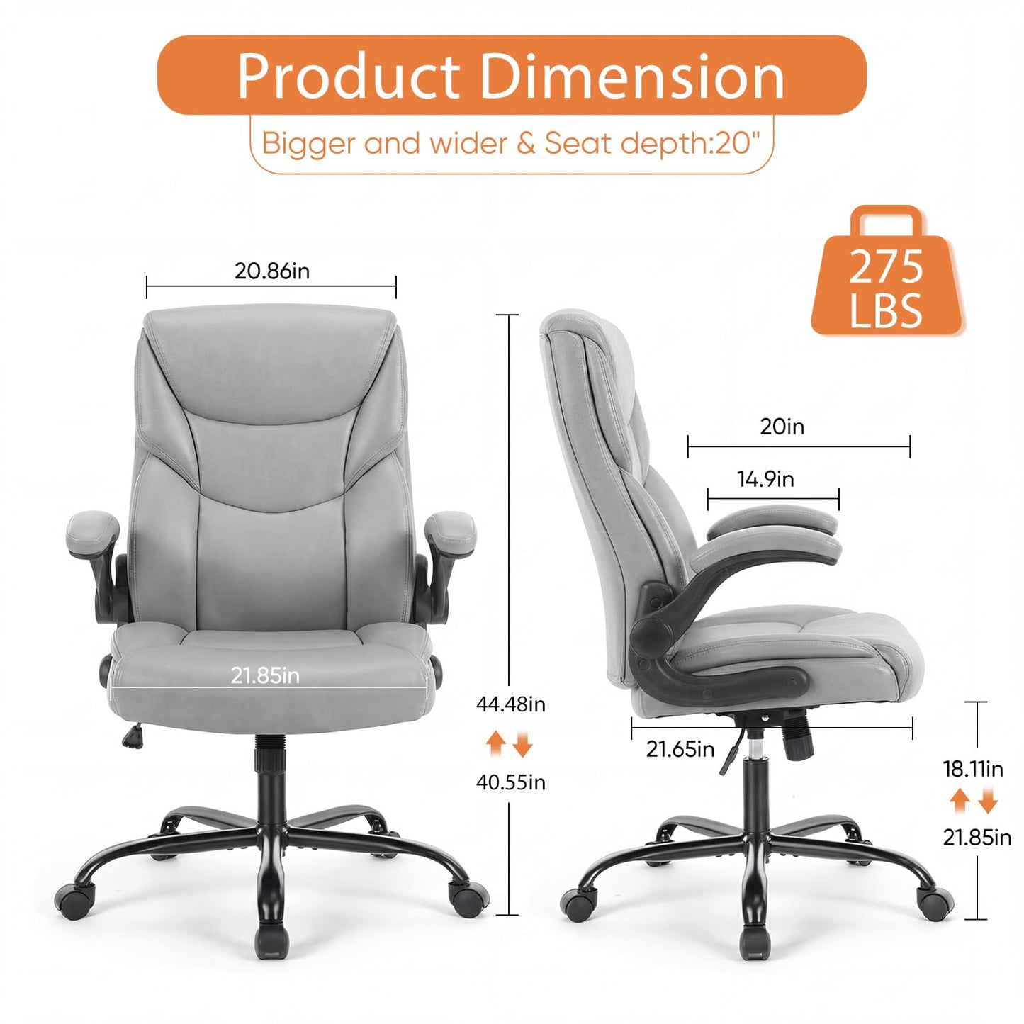 Sweetcrispy Office Computer Gaming Chair, Ergonomic High Back Heavy Duty Task Desk Chairs with Wheels, Flip-up Arms, Adjustable Height, PU Leather, Grey