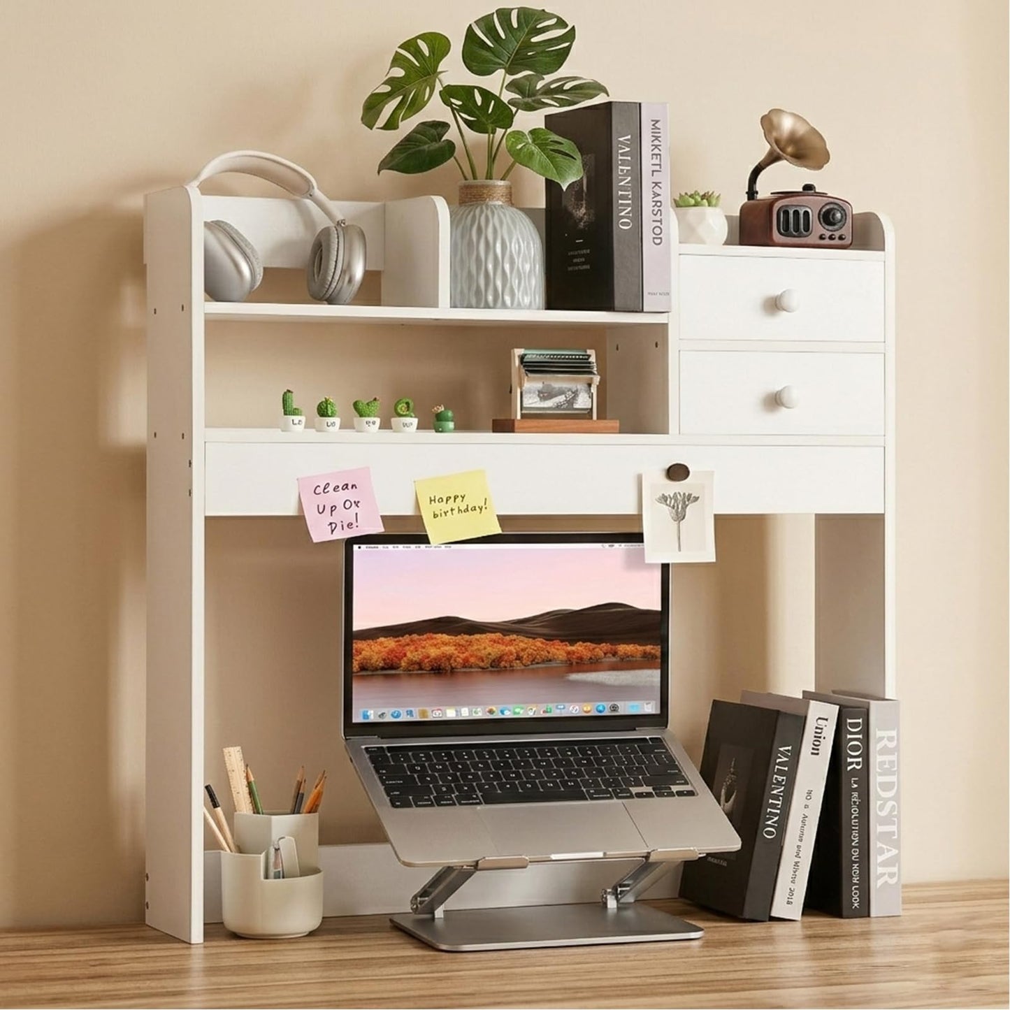 YGYQZ 2 Tier Desktop Bookshelf, Countertop Storage Hutch for Computer Desk, Desk Organizer Shelf with Vertical Storage, Multi-Functional Wood Desk Hutch for Home Office & Dorm, White