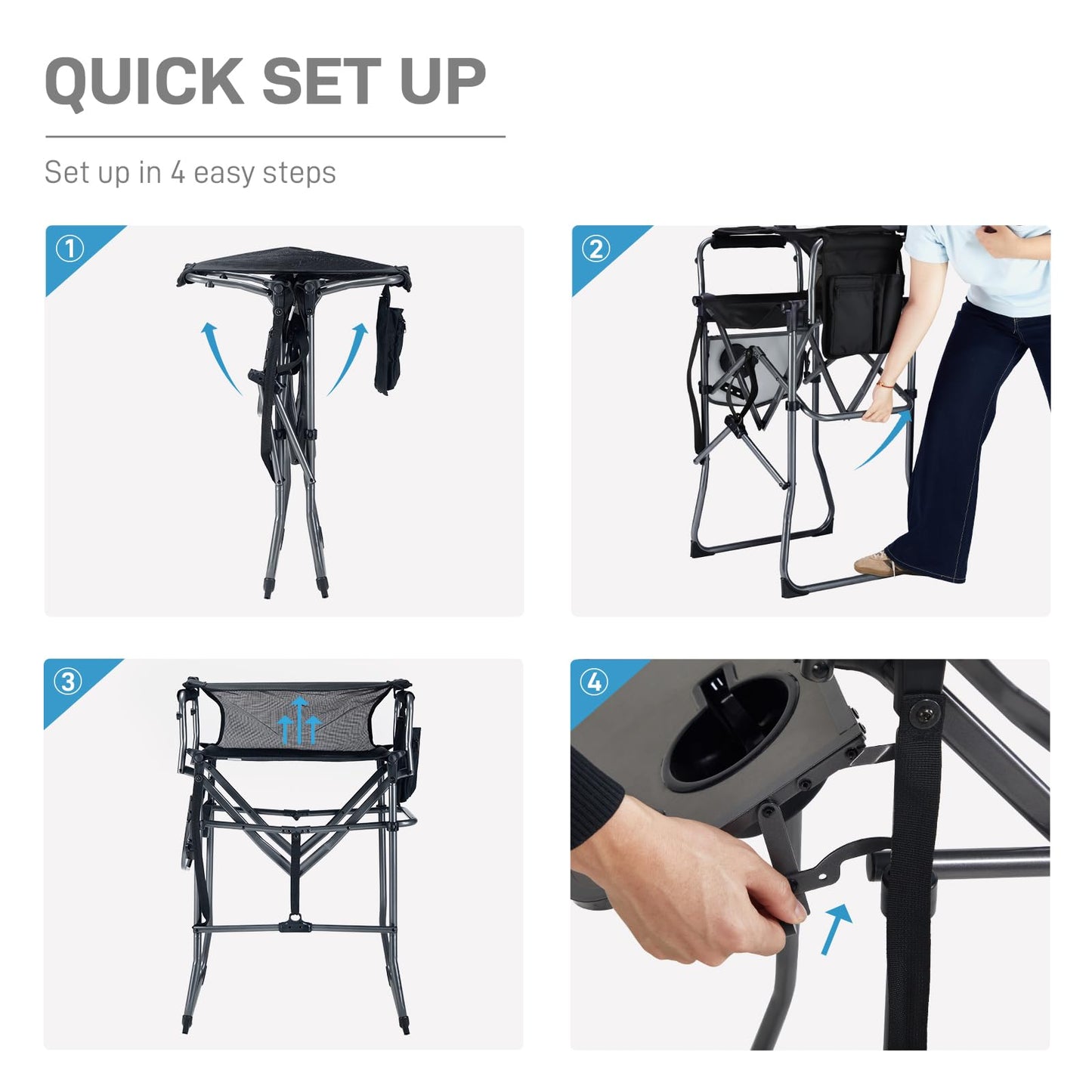 EVER ADVANCED Portable 30.7" Seat Height Tall Folding Camping Chair Directors Chair High Foldable Bar Stool with Side Table for Makeup Artist, Sports Event, Craft Show, Textilene Mesh, Supports 350LBS