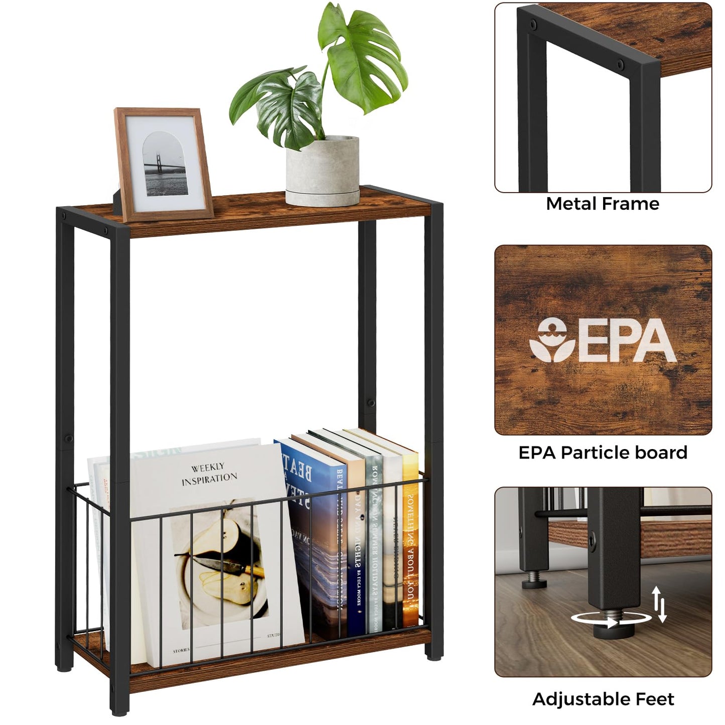 Homleke Narrow Side Table with Magazine Holder, Skinny End Table Perfect for Small Spaces, Space-Saving Design for Living Room, Bedroom, or Office, 7.1" D x 16.9" W x 23.6" H, Rustic Brown