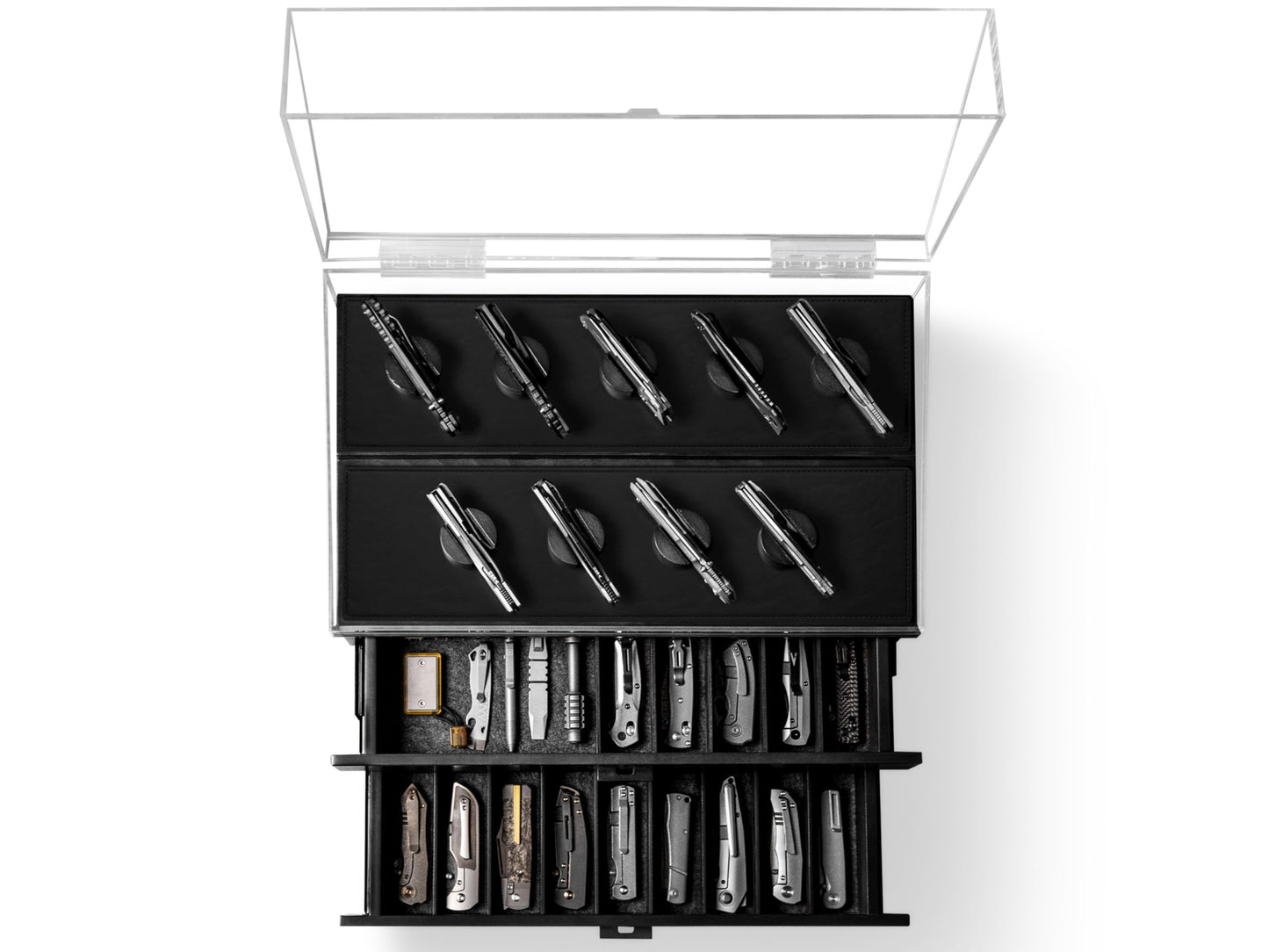 Premium Pocket Knife Display Case for 50 Knives - Extra Large Wooden Knife Organizer, Storage & Holder with Unique Pillars, 2 Drawers - Knife Collection Box - Handcrafted Birthday Present for Men
