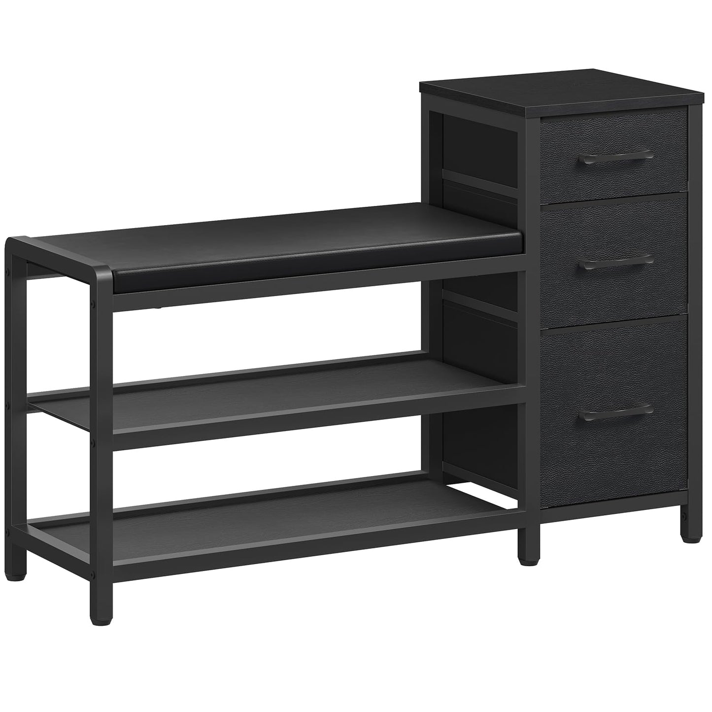 YATINEY Entryway Bench with Shoe Storage, 3-Tier Shoe Rack Bench with Wooden Shelves and 3 Non-Woven Drawers, PU Padded Shoe Storage Bench for Entryway, Bedroom, Black HX07BB
