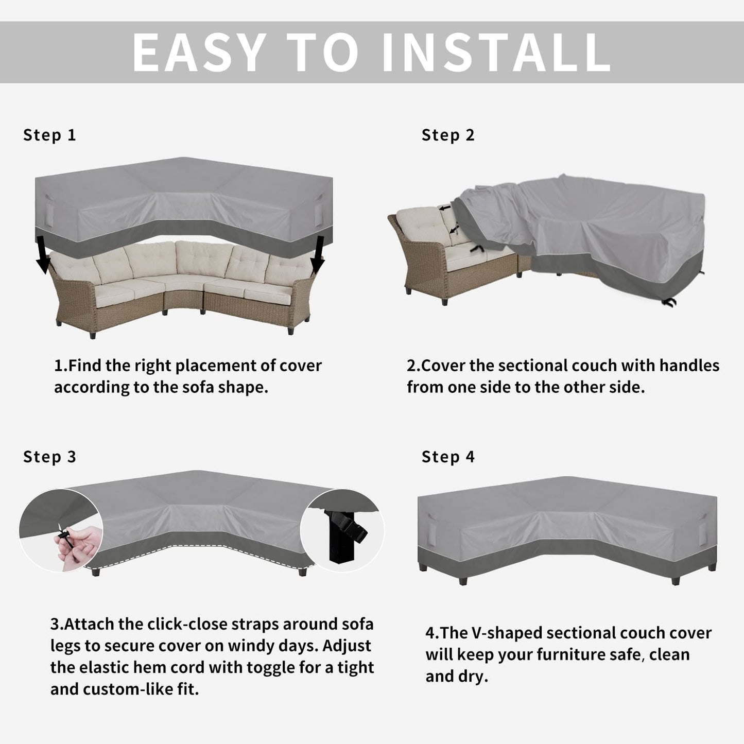Easy-Going Outdoor V-Shaped Sectional Sofa Cover 118"X118" UV Resistant Patio Sectional Couch Cover Waterproof Lawn Patio Furniture Cover, Gray/Dark Gray