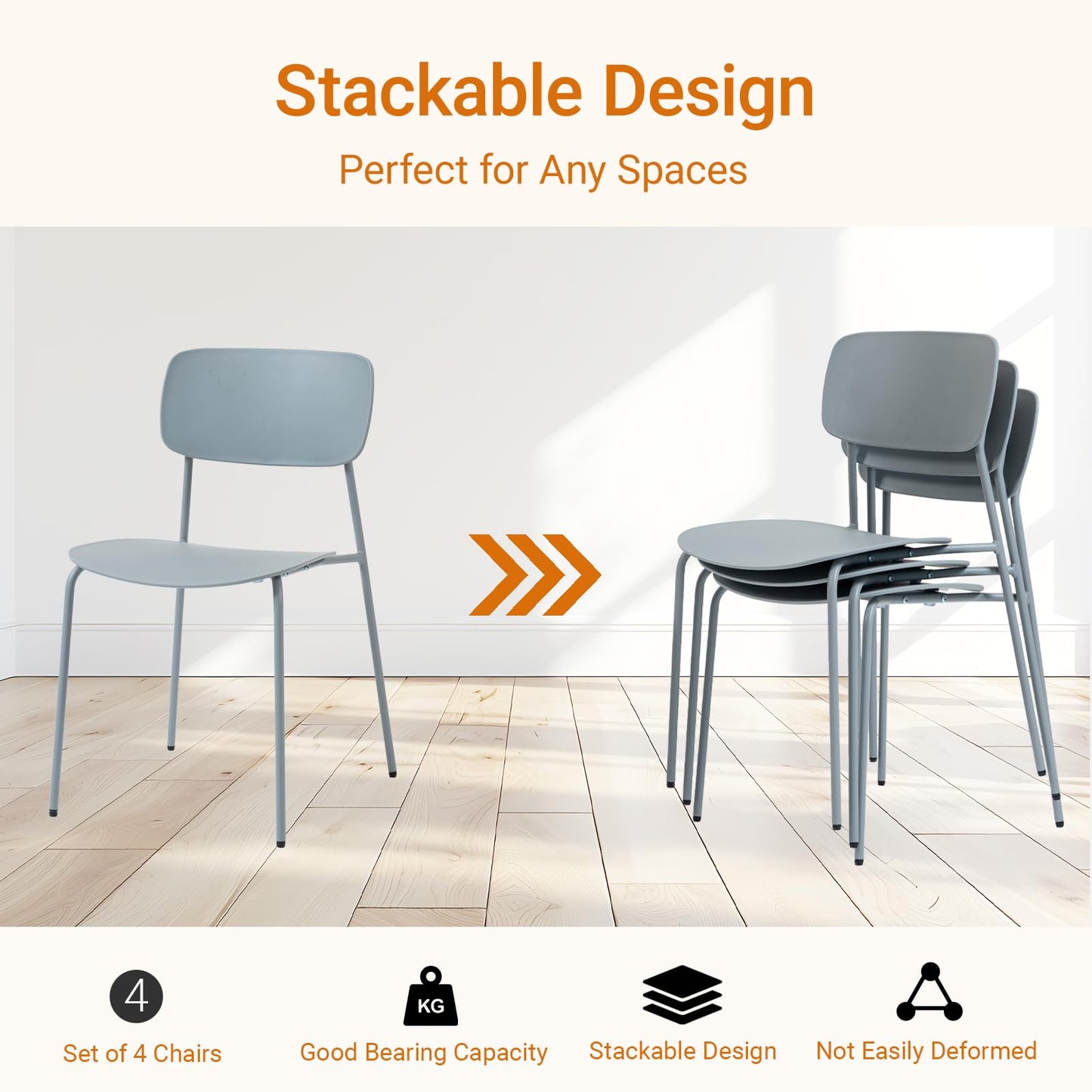 Sidanli Stacking Chairs Set of 4, Office Guest Chairs with Metal Legs, Stacking Office Chairs for Conference Reception Church Lobby, Capacity 300lbs, Gray