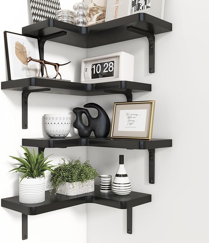 Venusmiles Corner Floating Shelves Set of 4, Wall Mounted L-Shaped Storage