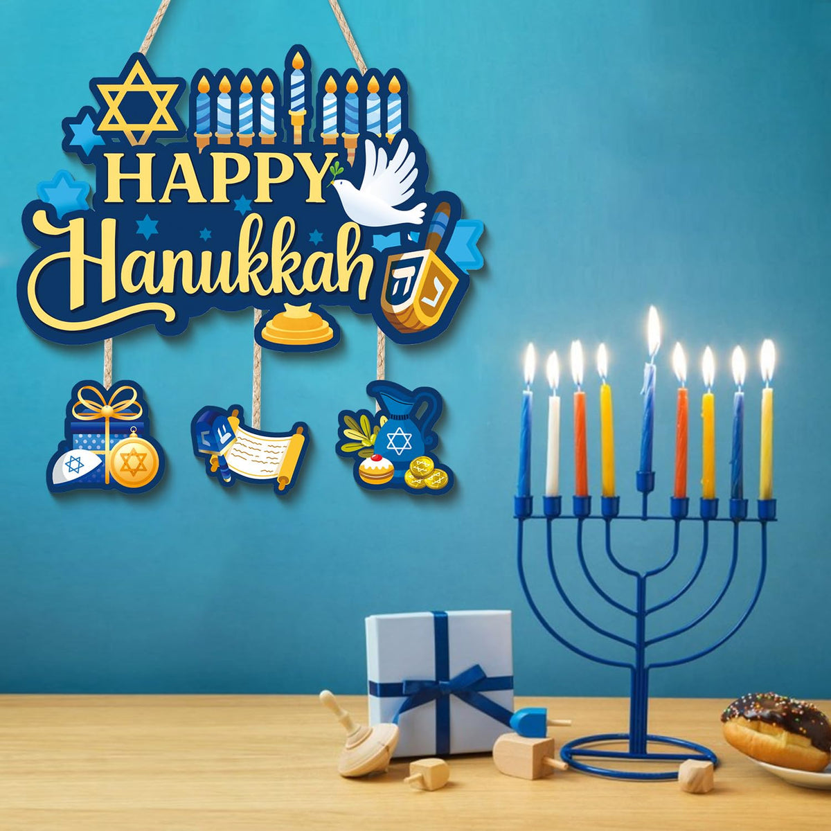 Aurlan Happy Hanukkah Door Sign,Hanukkah Wooden Wall Hanging,Jewish New Year Door Decor,Chanukah Wood Hanging,Chanukah Candlestick Wall Sign,Candle Pigeon Sufganiyot Decor for Porch Yard Home Room Office