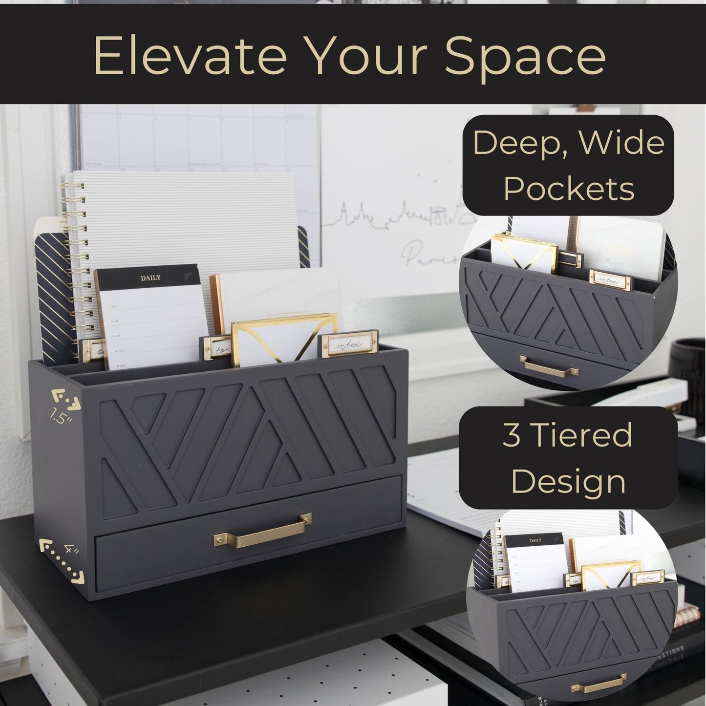 BLU MONACO | Grey Three-Tier Desktop Mail Organizer with Gold Label Holders & Drawer | Stylish Mail Holder and Countertop Document Storage for Home or Office